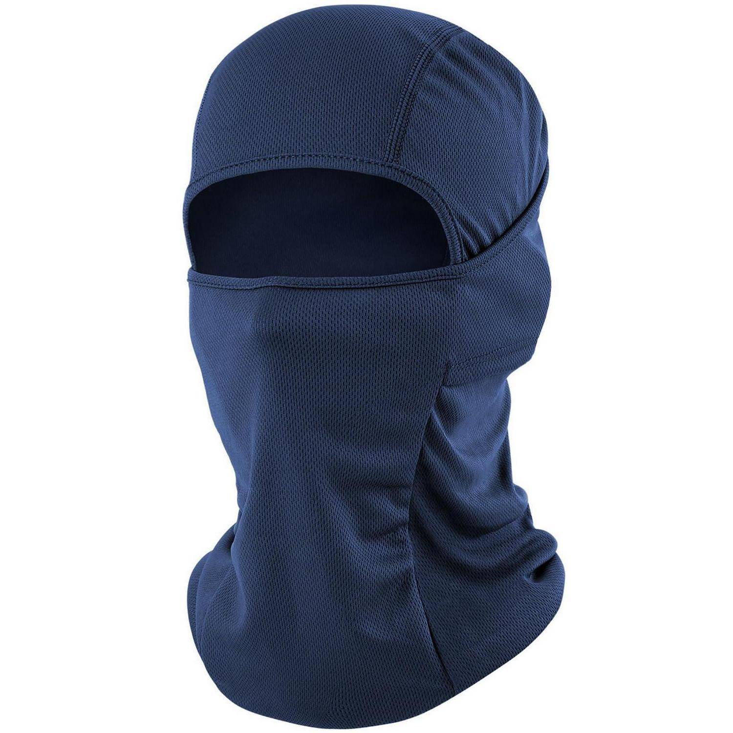 Blaue Sturmhaube mit vollständiger Kopf- und Nackenbedeckung und einer Öffnung für die Augen.