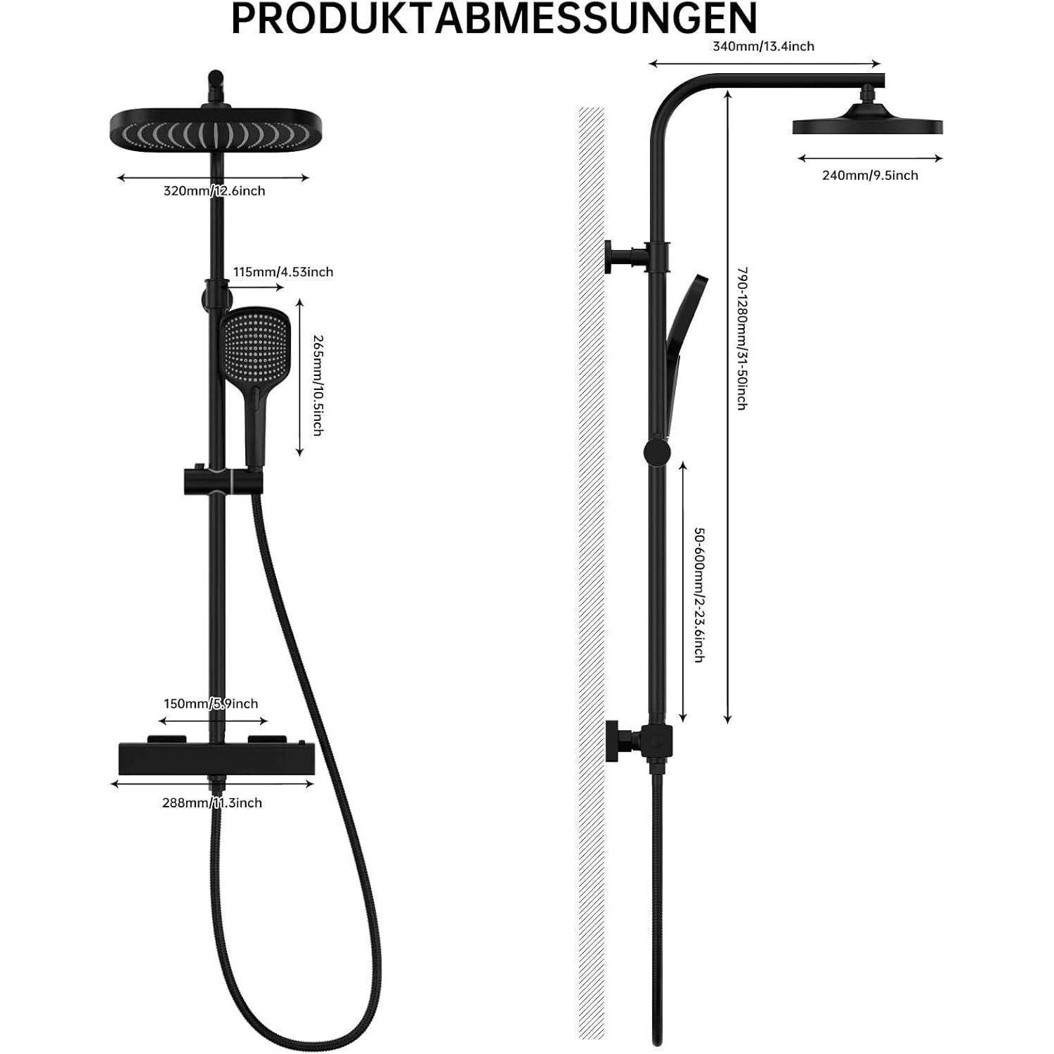 Produktabmessungen-Diagramm eines schwarzen Duschanlagensystems mit Duschkopf, Handbrause, Schlauch und wandmontierter Schiene mit Maßangaben in Millimetern und Zoll.
