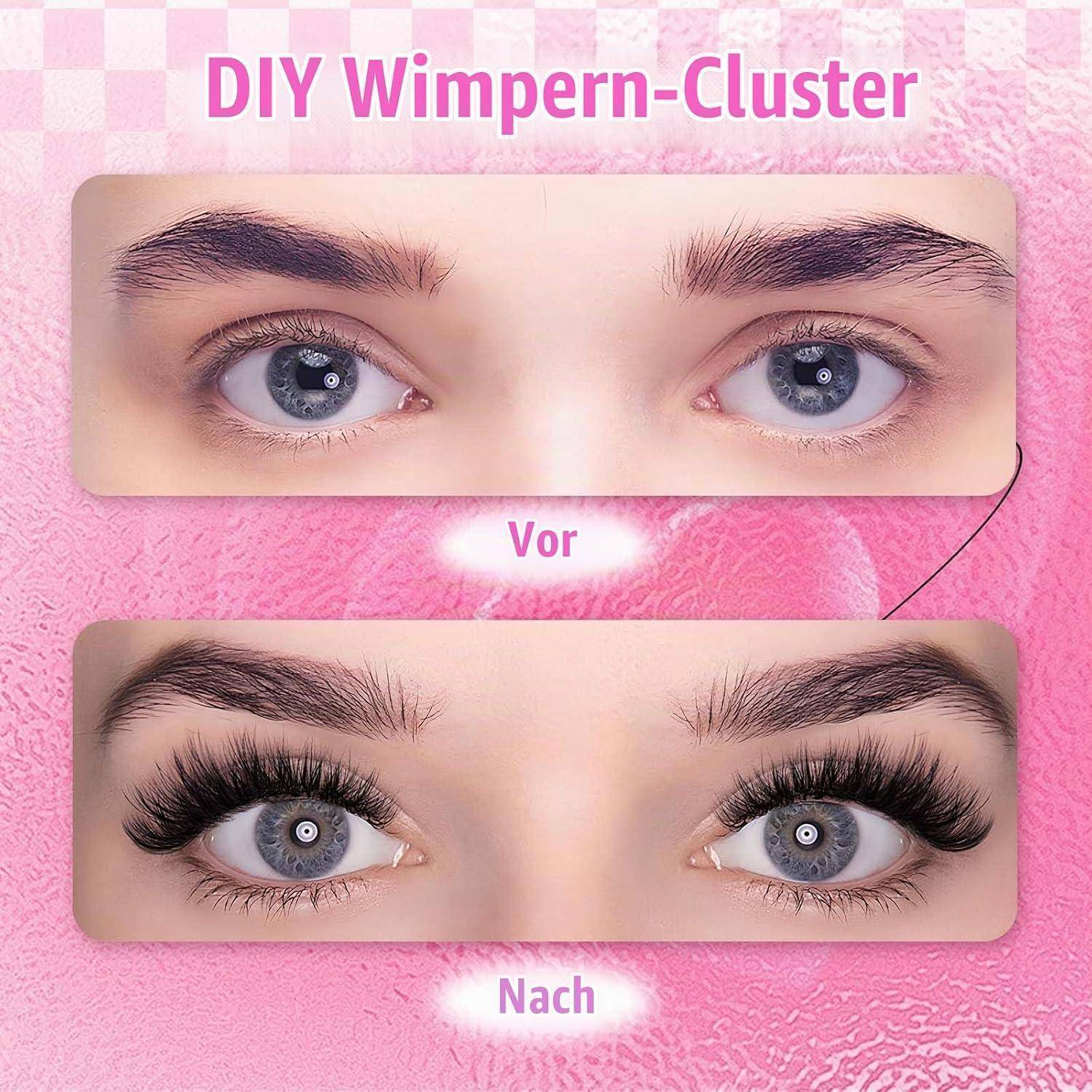 Vorher-Nachher-Bild, das Augen mit natürlichen Wimpern mit der Bezeichnung 
