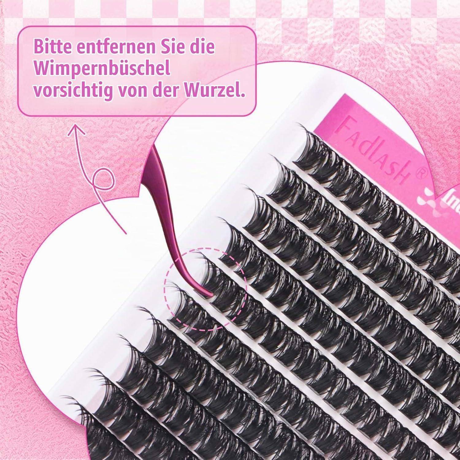 Anleitungsbild von künstlichen Wimpern auf einem Tablett, mit deutschem Text, der anweist, die Wimpernbüschel sanft von der Wurzel zu entfernen, und einem Pfeil, der den Entfernungsbereich anzeigt.