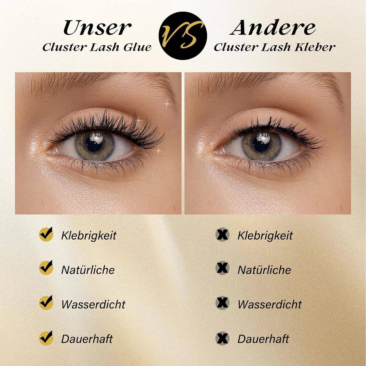 Nebeneinander-Vergleichsanzeige für Wimpernkleber mit der Bezeichnung „Unser Cluster Lash Glue