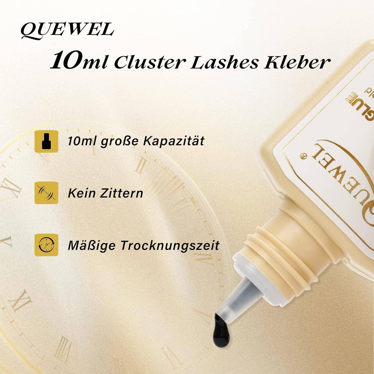 QUEWEL 10ml Cluster Lashes Kleber Flasche mit Tropfer gezeigt, hebt 10 ml Kapazität, kein Schütteln erforderlich und mittlere Trocknungszeit hervor.