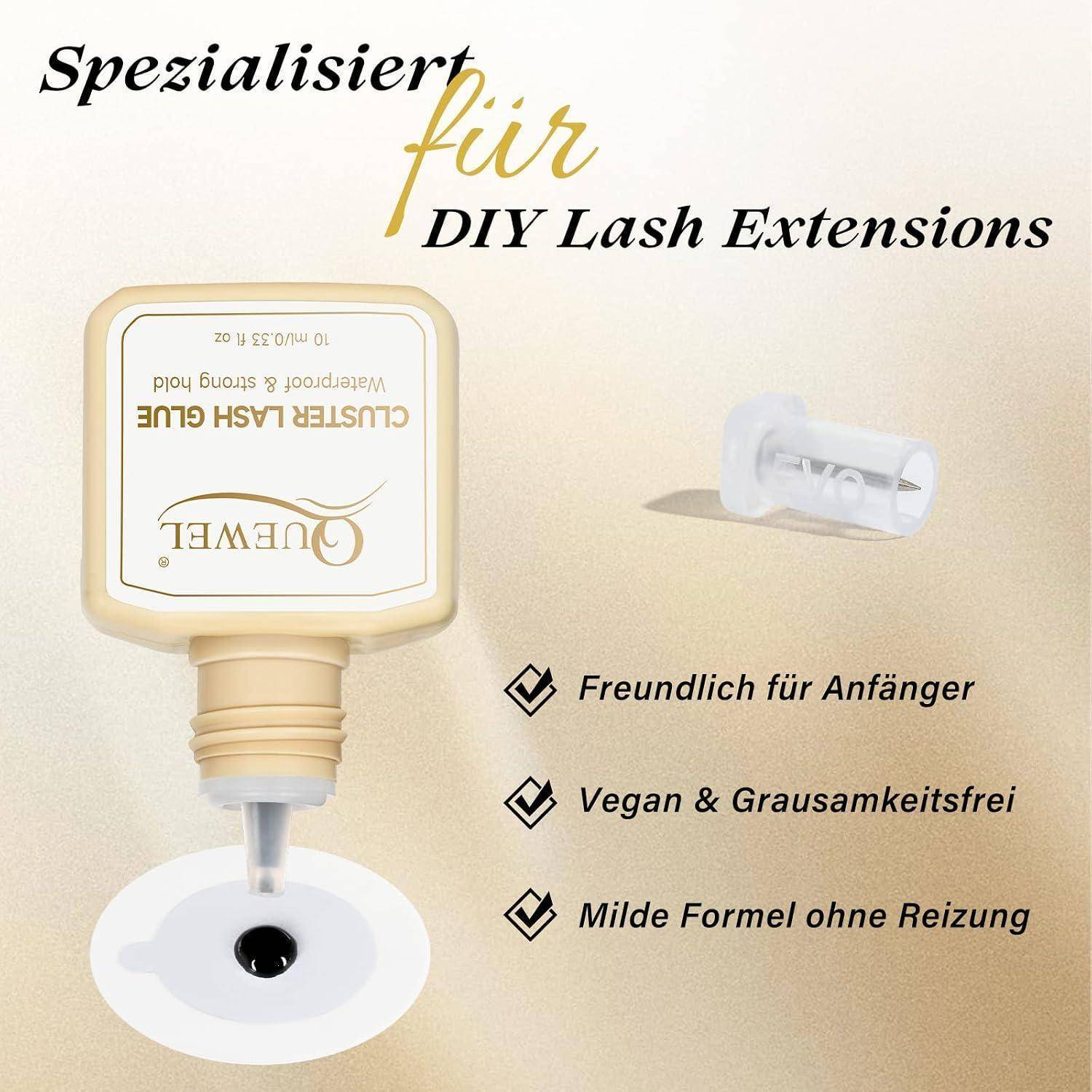 Werbebild für DIY-Wimpernverlängerungen, das eine Wimpernklebebflasche und einen Applikator zeigt, mit deutschem Text, der hervorhebt, dass es anfängerfreundlich, vegan, tierversuchsfrei und sanft ist.