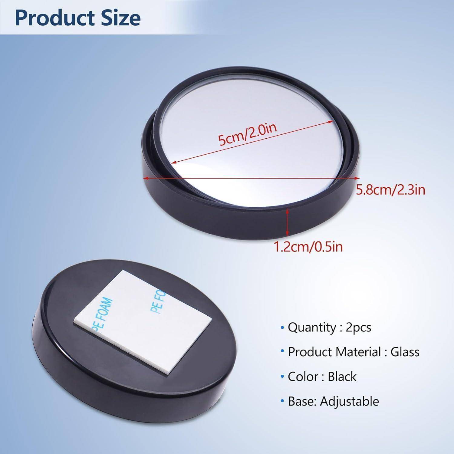 Größendiagramm des Produkts zeigt eine schwarze verstellbare Glaskugel mit einem Durchmesser von 5 cm/2,0 Zoll, 5,8 cm/2,3 Zoll breit, 1,2 cm/0,5 Zoll hoch; Menge 2 Stück.