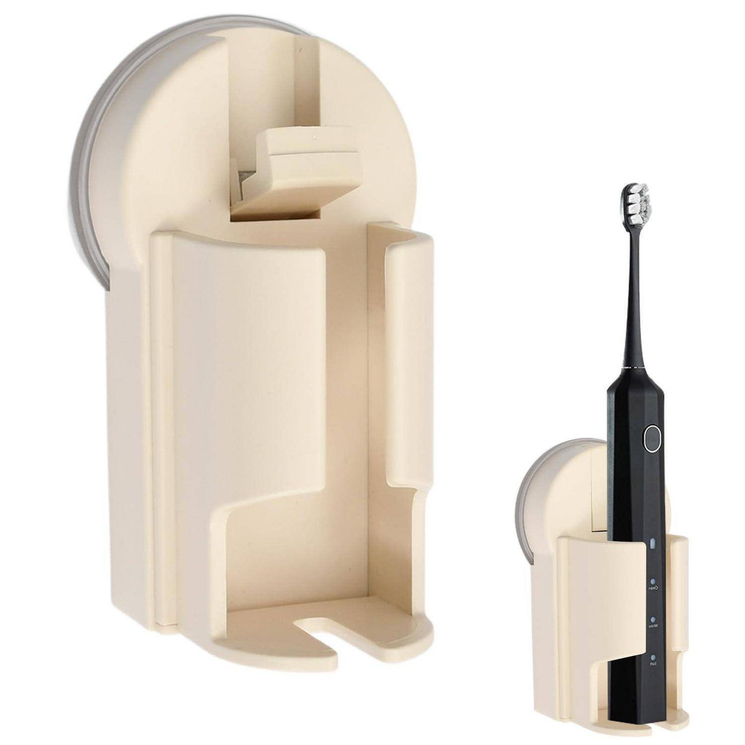 Beige Zahnbürstenhalter zur Wandmontage mit Saugnapf, gezeigt mit einer schwarzen elektrischen Zahnbürste, mit Seiten- und Vorderansicht auf weißem Hintergrund.