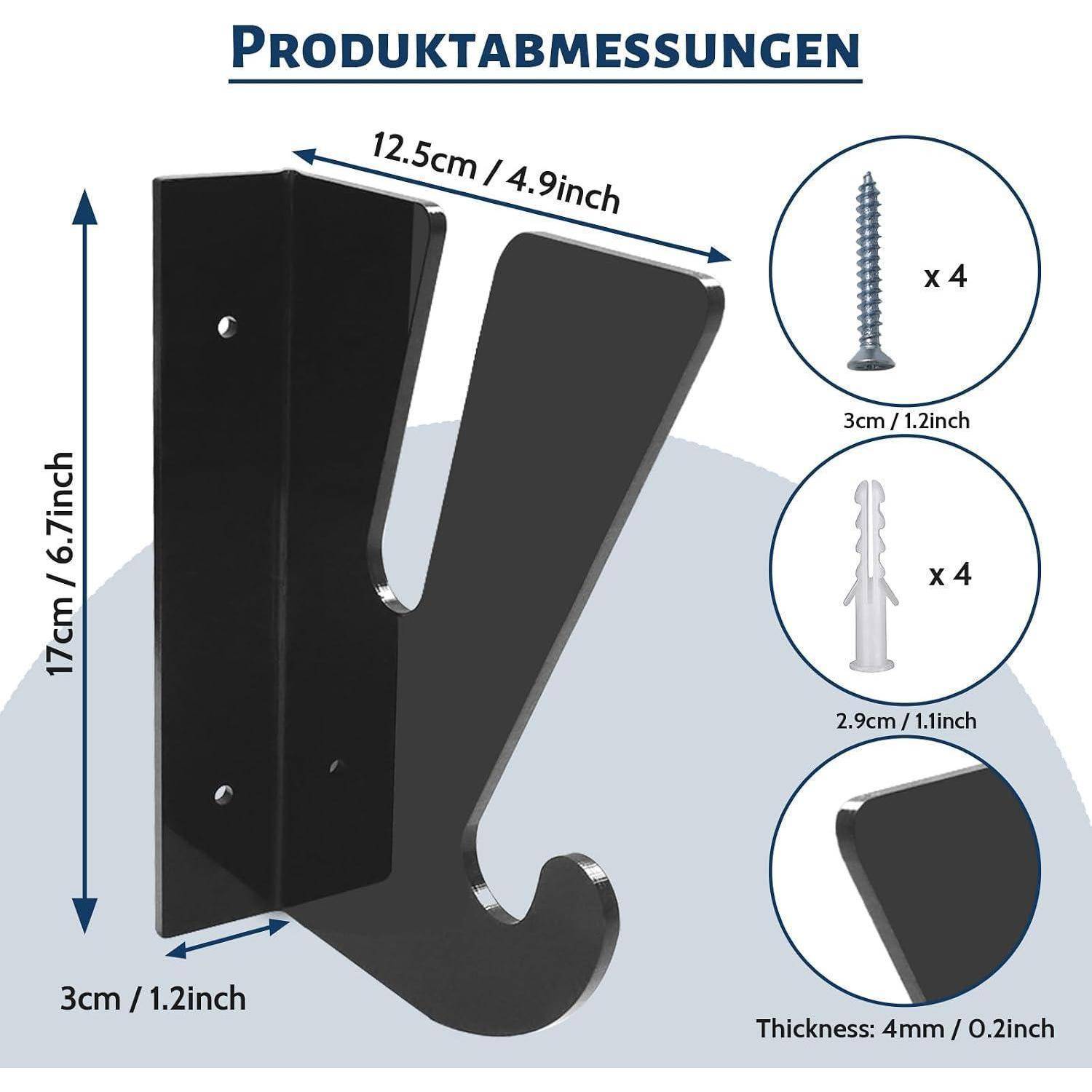Produktabmessungsdiagramm für einen schwarzen Wandhaken: 17 cm hoch, 12,5 cm breit, 3 cm tief, 4 mm dick, mit 4 Schrauben und 4 Wanddübeln im Lieferumfang enthalten.