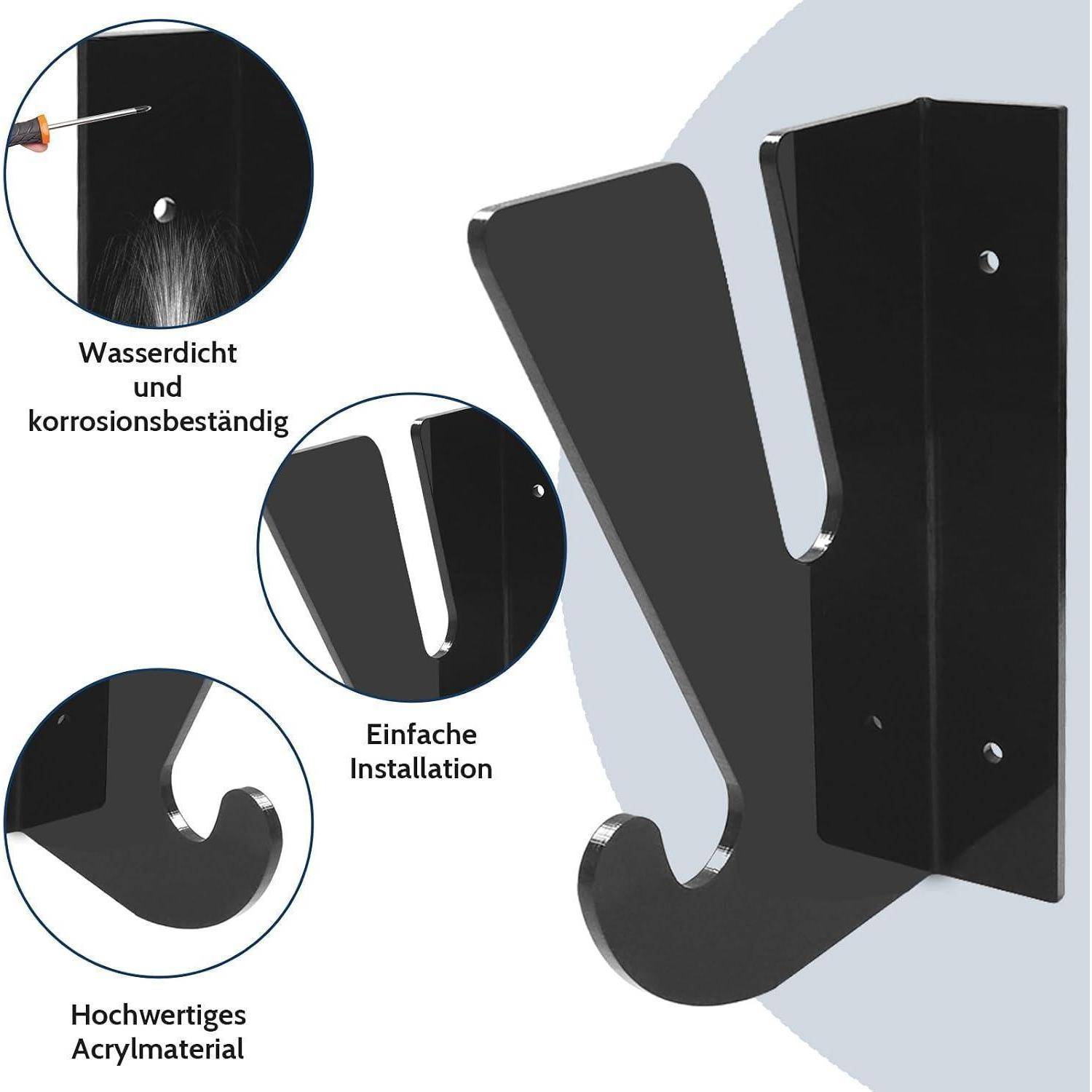 Schwarze wandmontierte Hakenklammerung mit drei Beschriftungen: wasserdicht und korrosionsbeständig, einfache Montage und hochwertige Acrylmaterial.