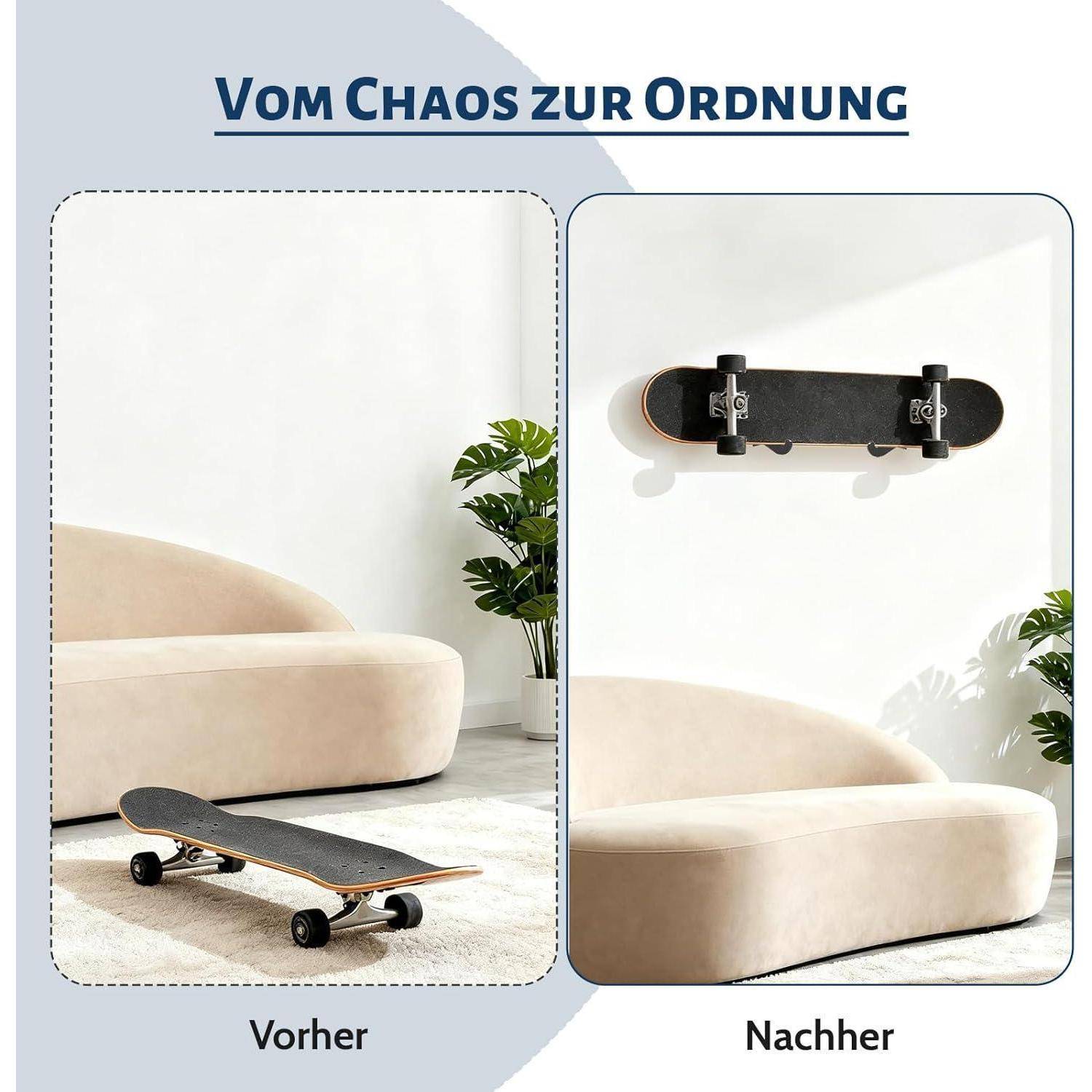 Vorher-und-Nachher-Bild zur Skateboardlagerung mit dem Titel „Vom Chaos zur Ordnung