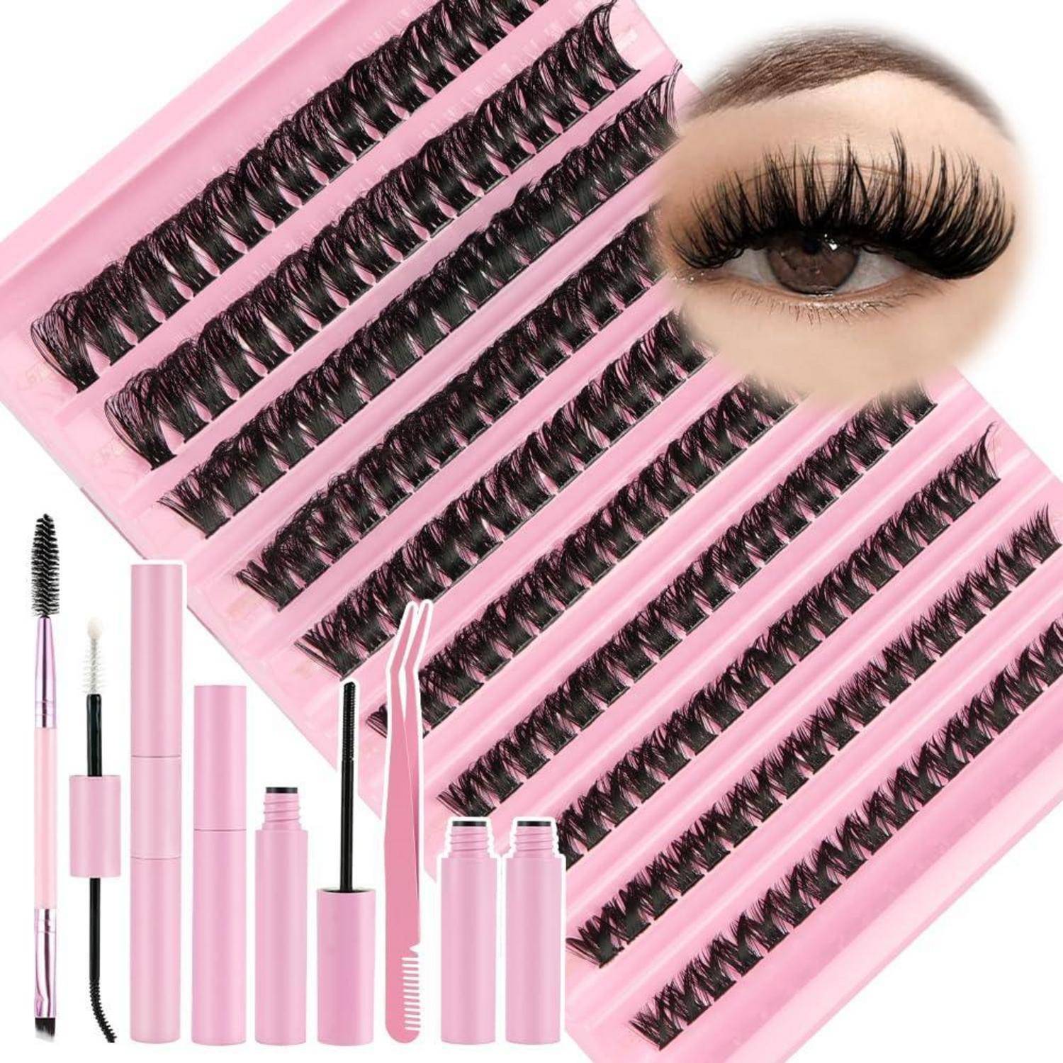 Rosa Kunstwimpern-Set mit mehreren Wimpernpaletten, Mascaratube, Applikatoren und eine Nahaufnahme eines Auges mit dramatisch langen Wimpern.