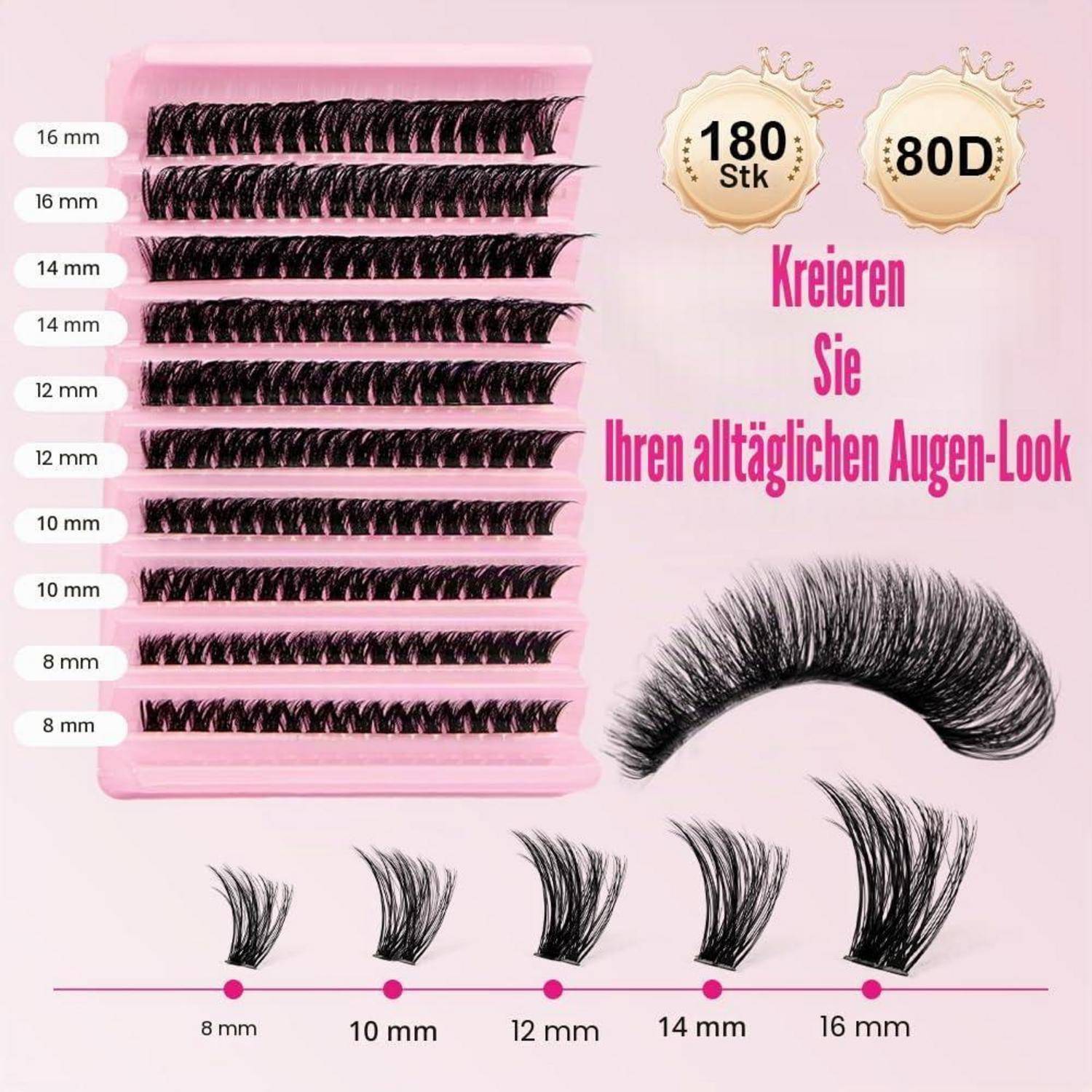 Pink-Wimpernverlängerungs-Set mit 180 Teilen in 80D, zeigt gemischte Lockenlängen von 8 mm bis 16 mm und einen Muster-Volleyelash-Look.