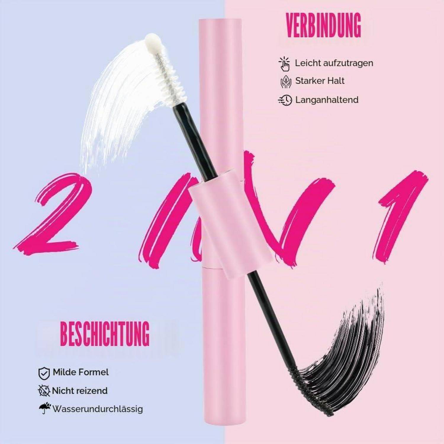 Mascara-Bürstchen mit weißen und schwarzen Mascara-Strichen auf rosa-blauem Hintergrund, das 'VERBINDUNG' und 'BESCHICHTUNG' bewirbt, mit aufgelisteten Vorteilen.