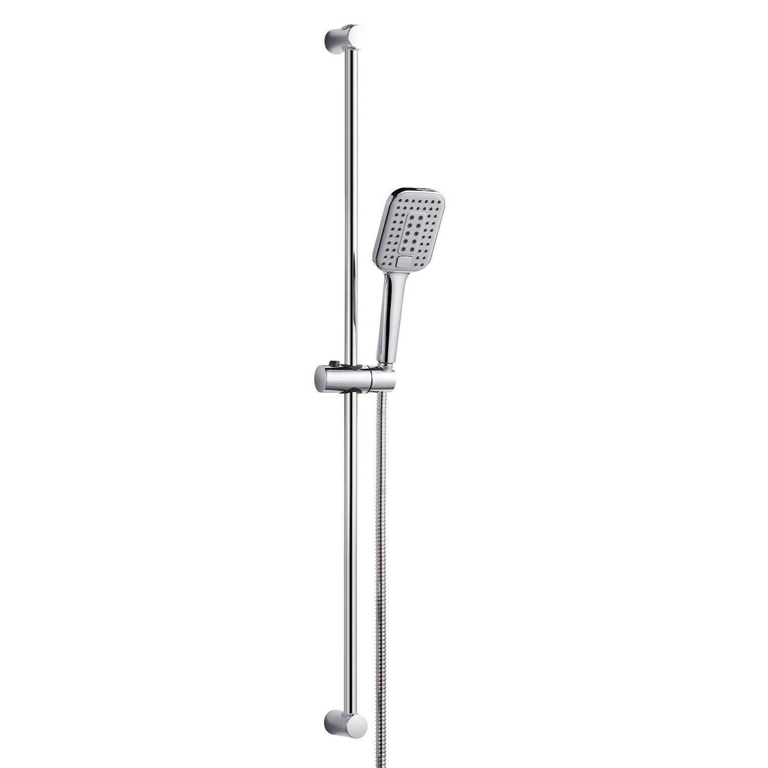 Verchromte Duschstange mit verstellbarem Handbrauseknopf und Schlauch auf weißem Hintergrund.