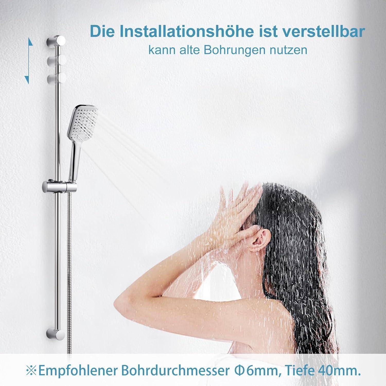 Eine Frau duscht unter einem wandmontierten Duschkopf auf einer verstellbaren Schiene; Text besagt, dass die Installationshöhe verstellbar ist, alte Bohrlöcher verwendet werden können, empfohlener Bohrdurchmesser 6 mm, Tiefe 40 mm.