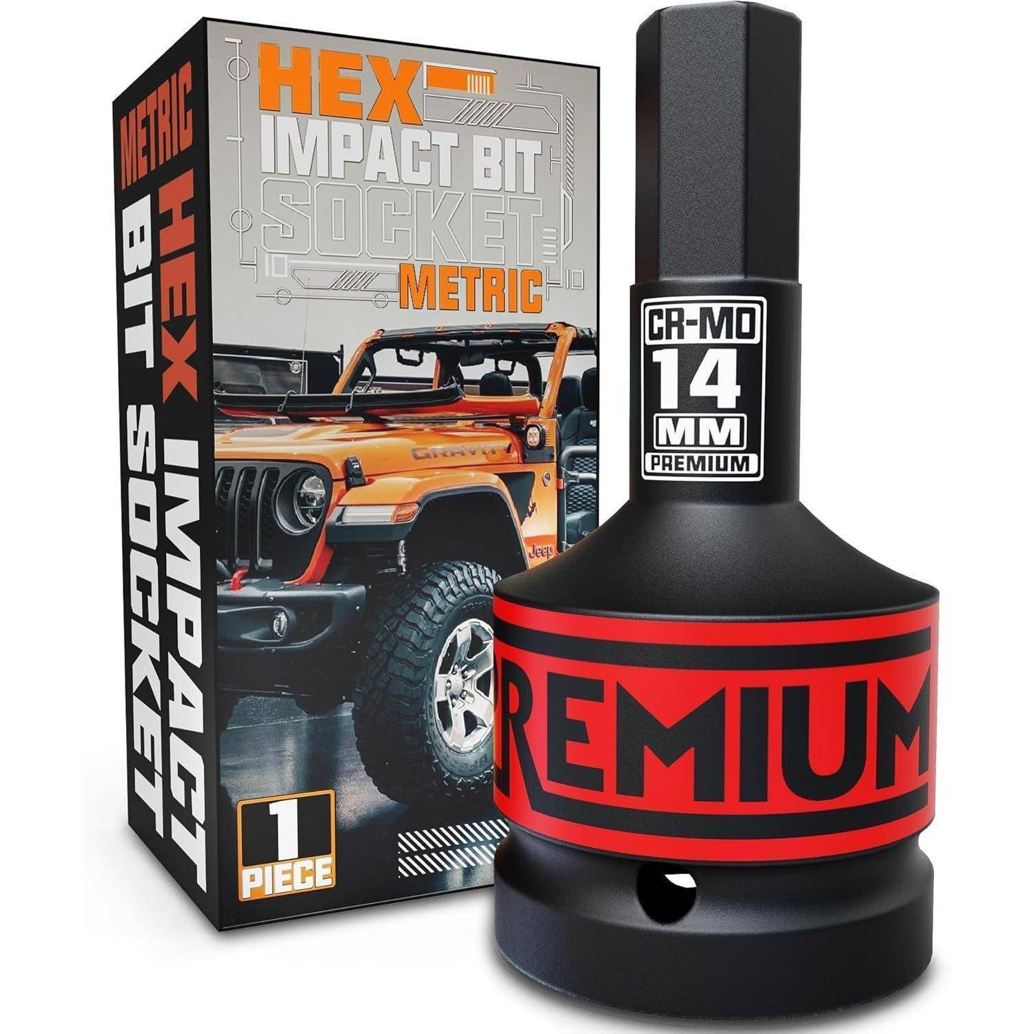 Hex Impact Bit Socket metrisch, CR-MO 14 mm Premium, gezeigt mit Produktbox mit orangefarbenem Gelände-Jeep.