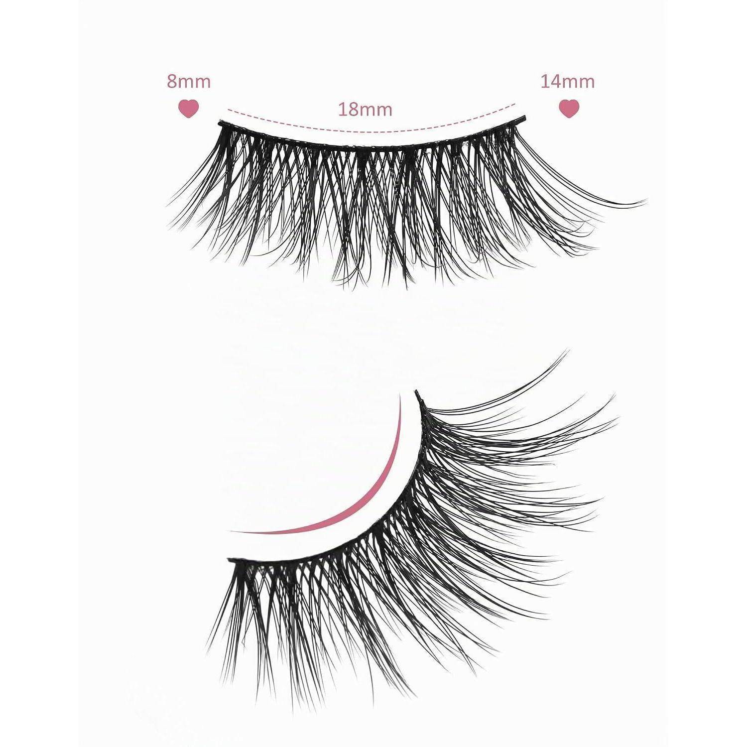 Bild von zwei Kunstwimper-Streifen auf weißem Hintergrund, gekennzeichnet mit 8mm, 18mm und 14mm, um unterschiedliche Wimpernlängen und Formen zu zeigen.