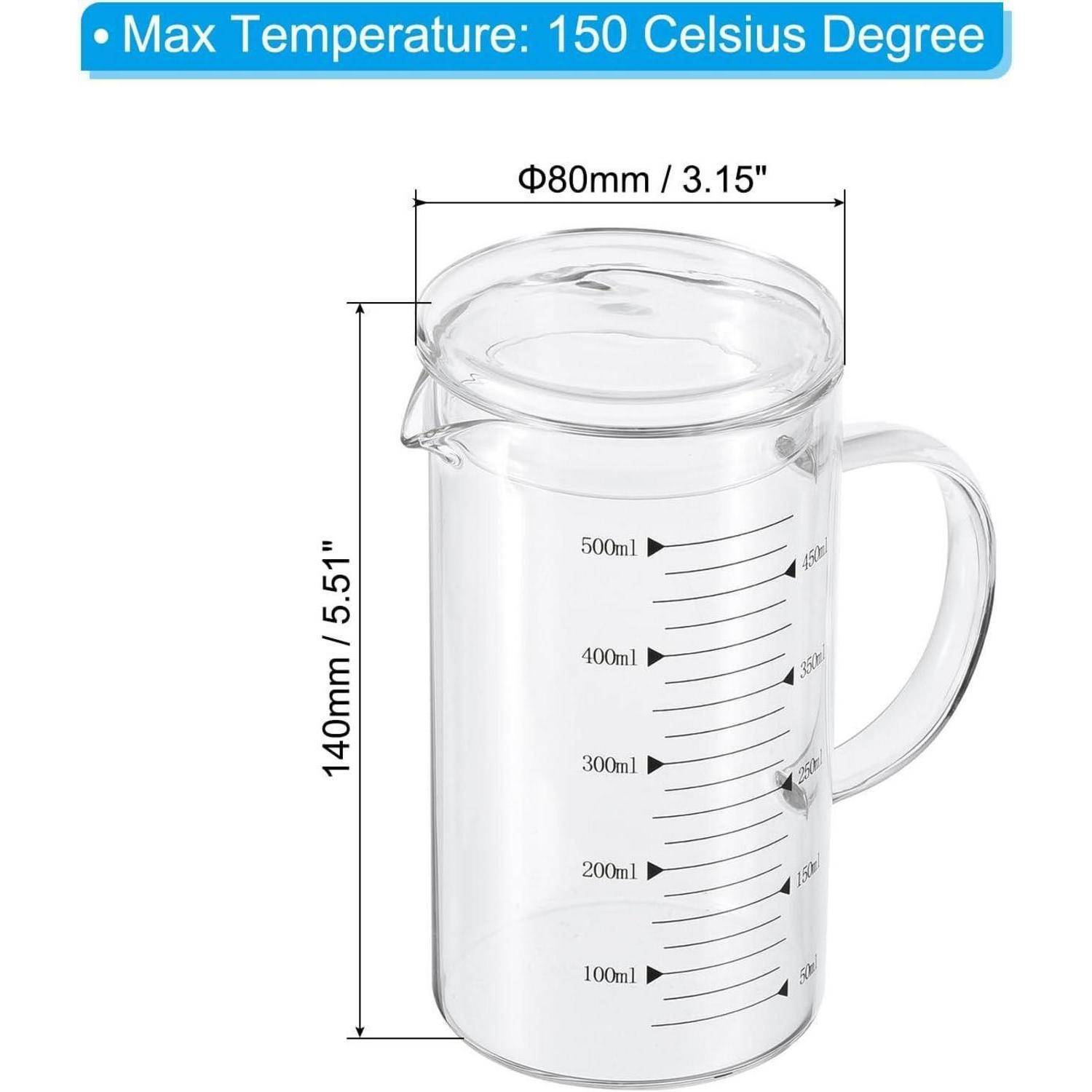Glaskrug zum Abmessen mit Deckel, gekennzeichnet 100 bis 500 ml, 140 mm hoch und 80 mm breit, maximale Temperatur 150°C.