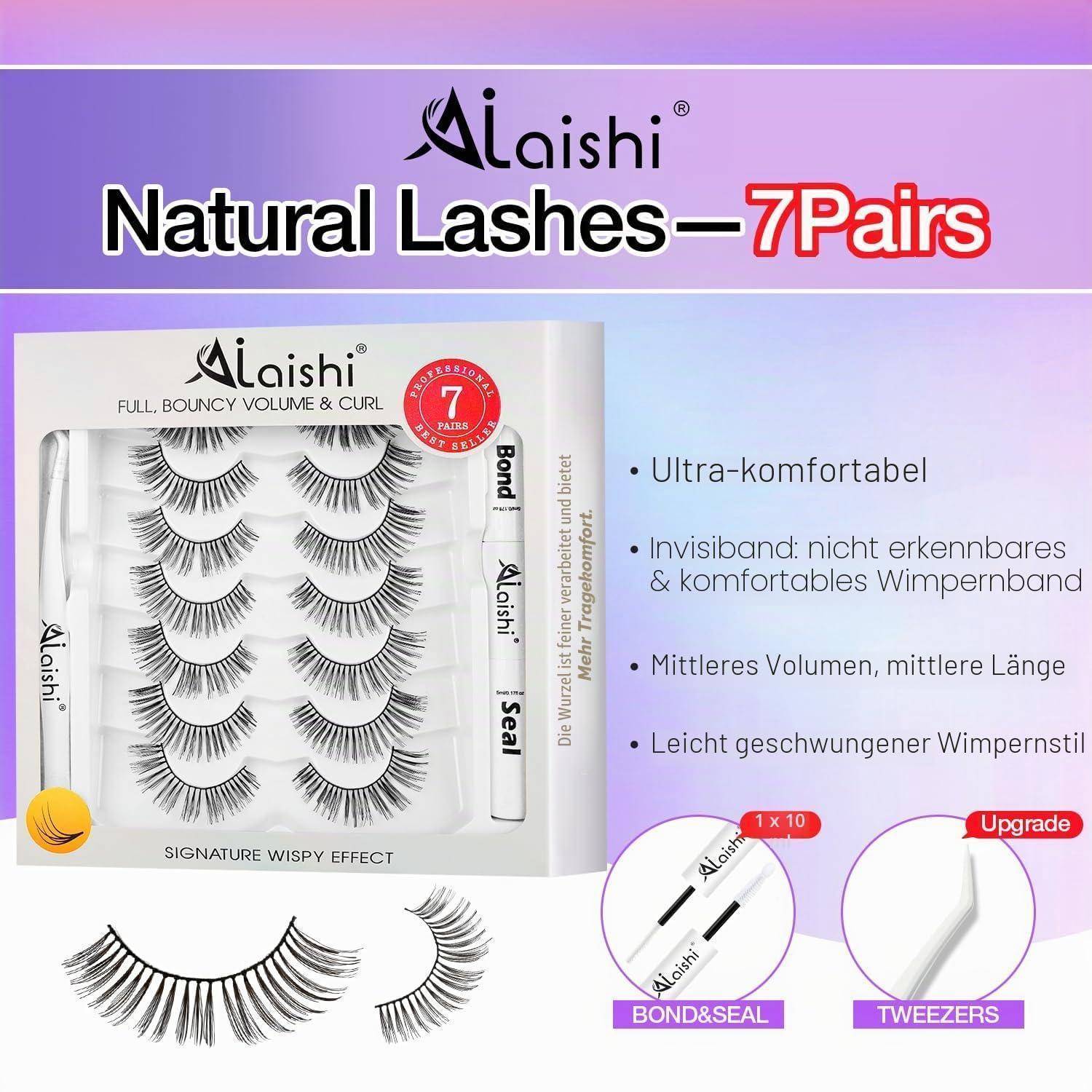 Alaishi 'Natürliche Wimpern—7er Pack' Produktbild mit 7er-Pack Kunstwimpern, Kleber und Pinzette, mit deutschem Feature-Text über Komfort, Unsichtbarkeit, Volumen und Lockung.