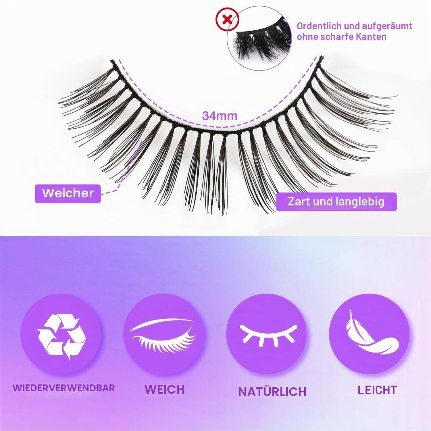 Falsche Wimpern mit Beschriftungen '34mm', 'Weicher', 'Zart und langlebig' und Symbolen für wiederverwendbar, weich, natürlich und leicht Eigenschaften.