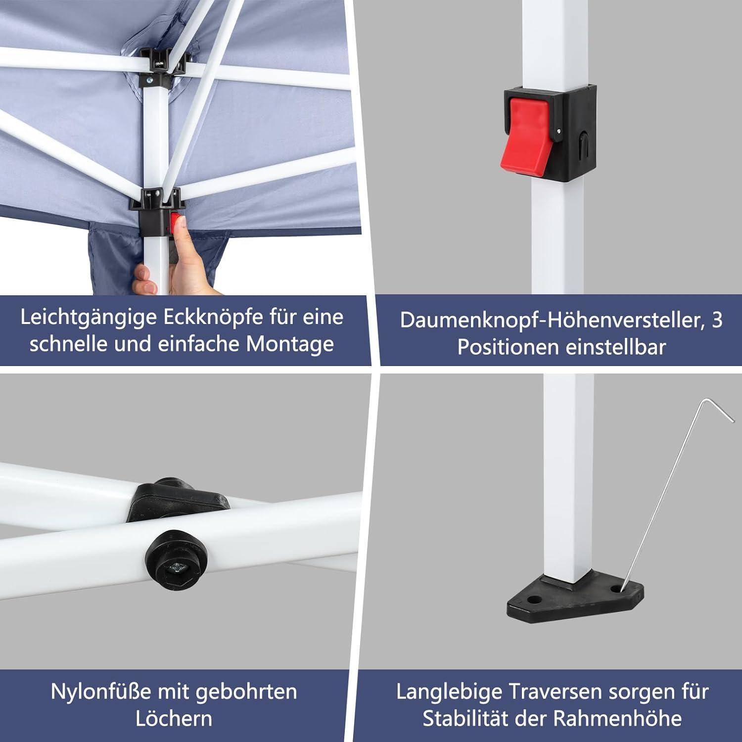 Vierteiliges Produktbild eines Faltdachrahmens mit schnellen Eckknöpfen, verstellbarem Höhenregler, Nylonfüßen mit gebohrten Löchern und stabilen Querstützbalken mit deutschen Funktionsbeschriftungen.