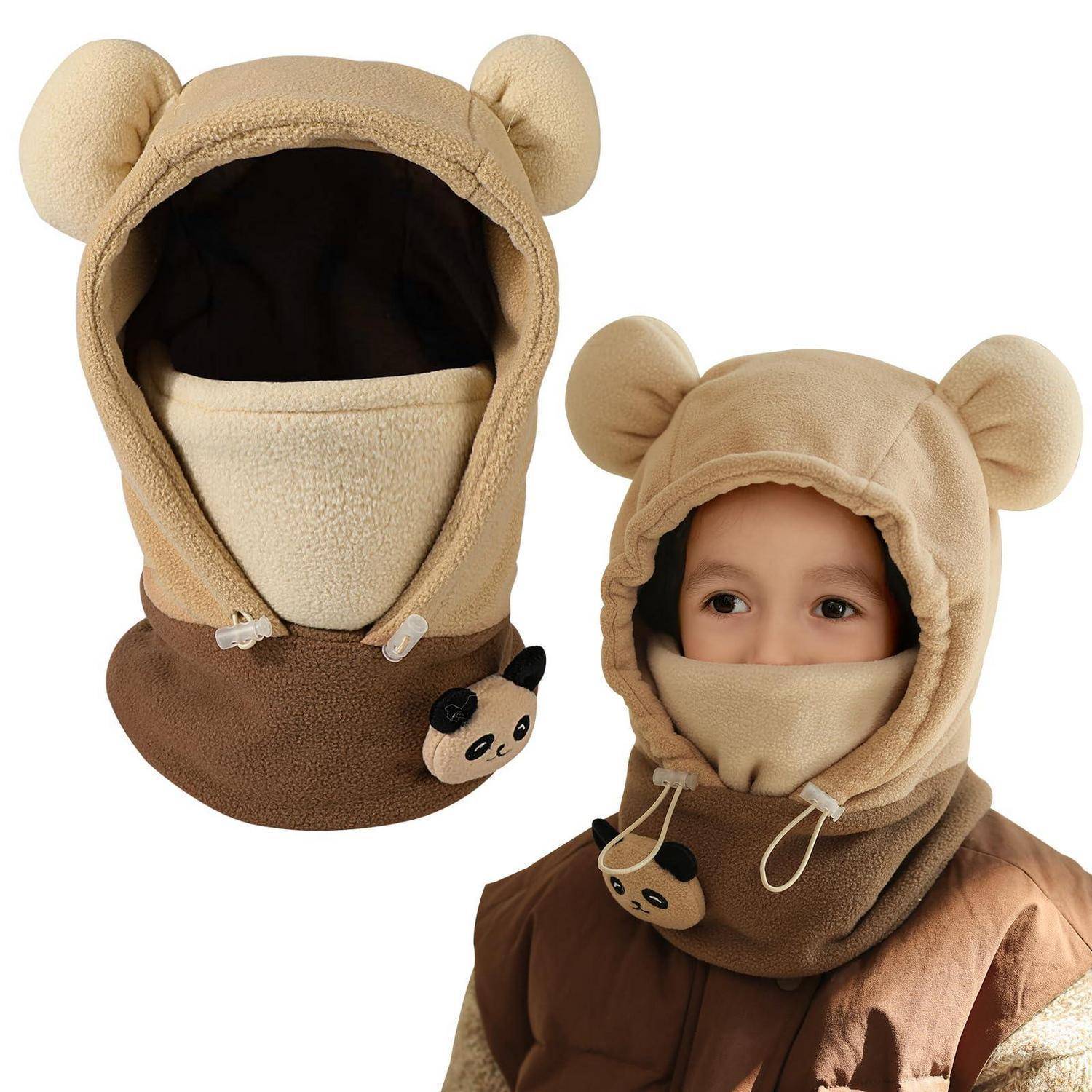Beige bärenohrige Kapuzen-Wintergesichtsmaske und Nackenmanschette, gezeigt an einem Kind und als eigenständiges Produkt.