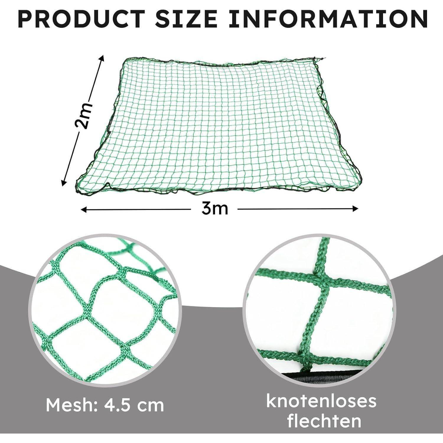 Produktgrößeninformation für ein grünes Netz: 3 m breit und 2 m lang, mit Nahaufnahmen, die 4,5 cm Maschenweite und knotenlose Verarbeitung zeigen.