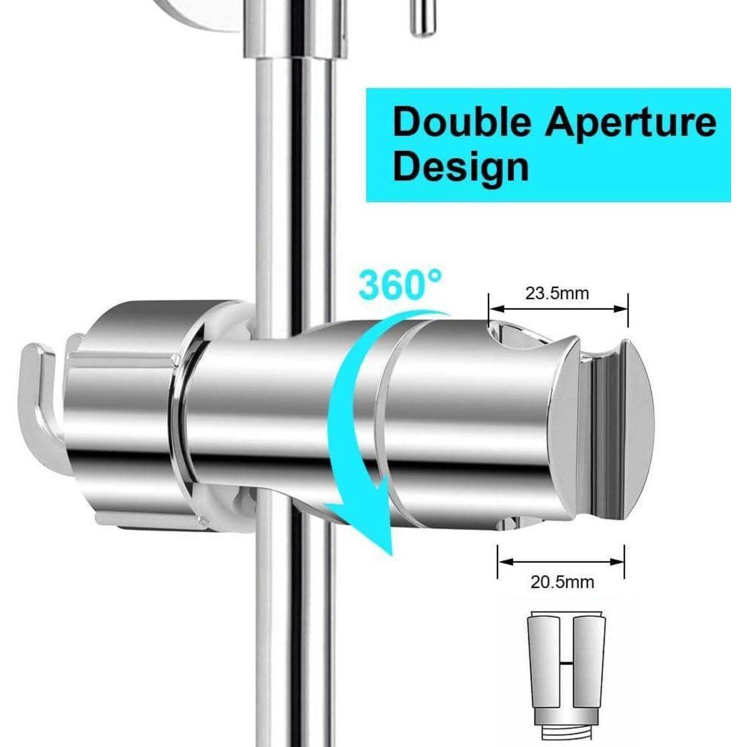Produktdiagramm einer glänzenden Metallduschehalterung mit der Bezeichnung „Doppelöffnungs-Design