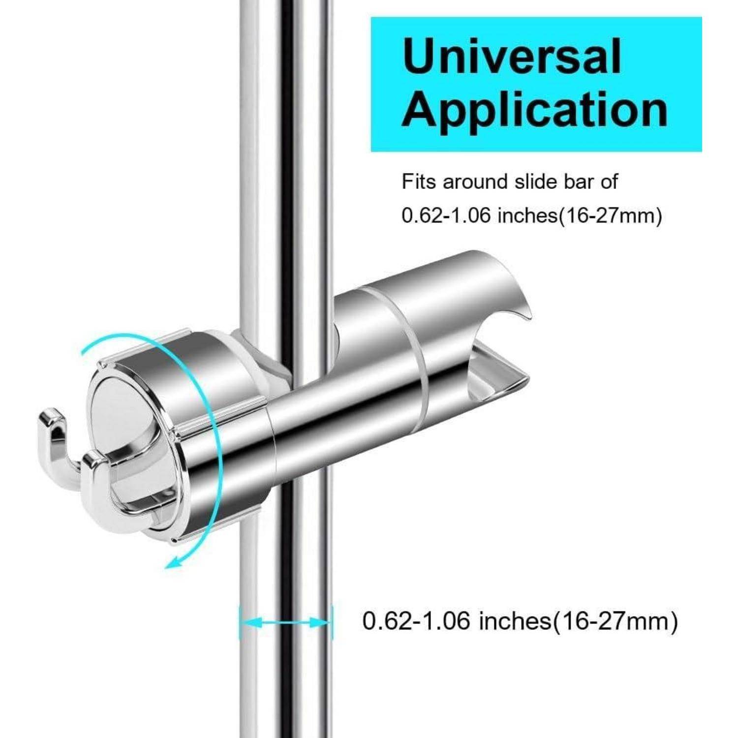 Universelle Duschschlauchhalterung aus Chrom auf einer vertikalen Schienenstange, gekennzeichnet als 
