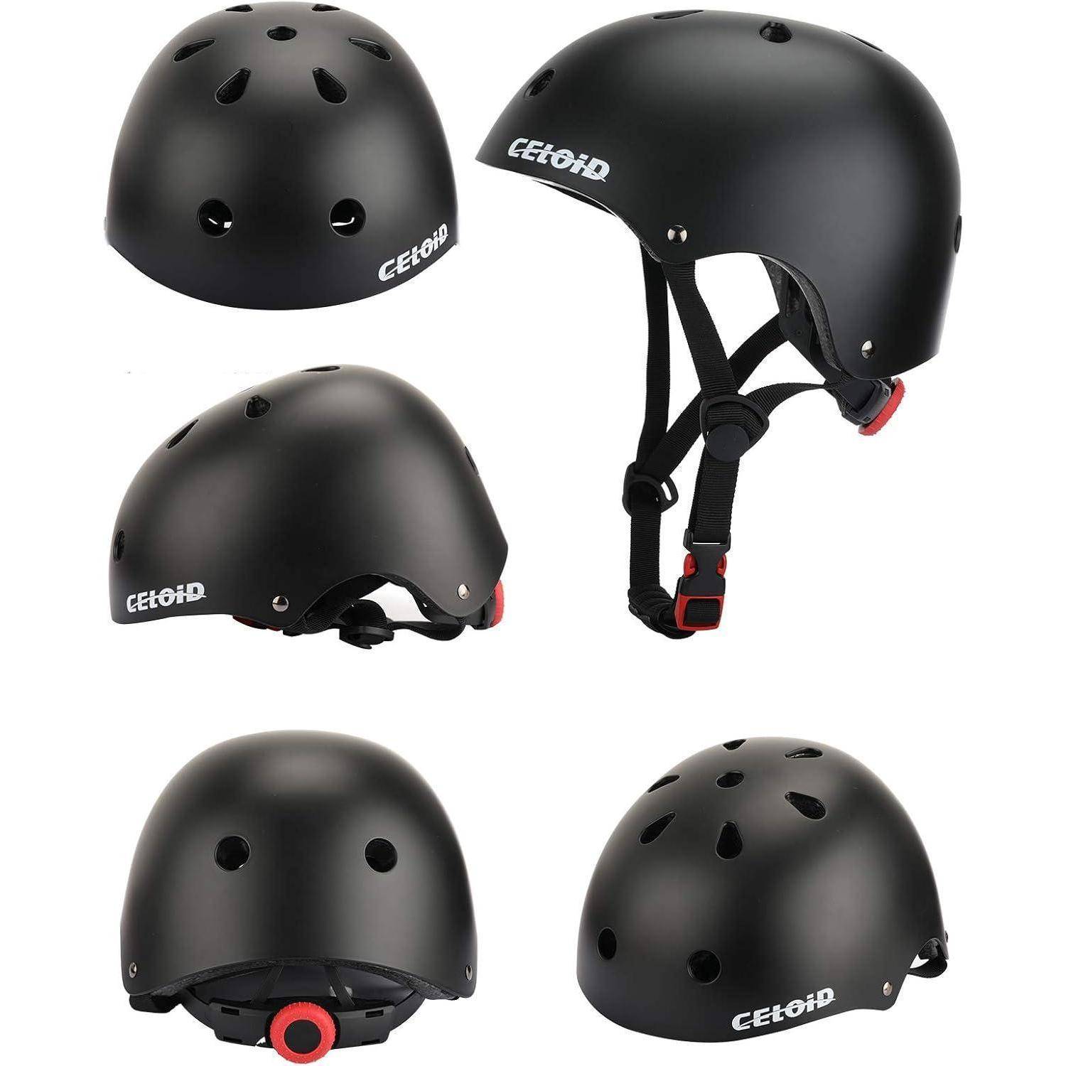 Schwarzer CEHOO-Fahrradhelm, dargestellt aus mehreren Winkeln, mit Belüftungslöchern, verstellbaren Riemen und hinterem Drehverschlusssystem.