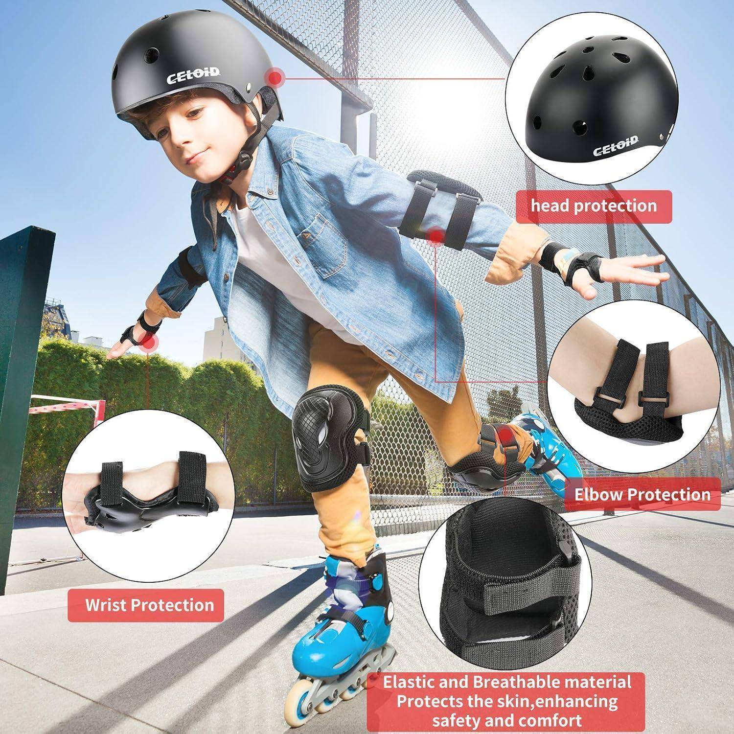 Kind beim Inlineskaten mit Helm, Handgelenkschützern, Ellbogenschützern und Knieschützern; gekennzeichnet als Schutzausrüstung für Sicherheit und Komfort.