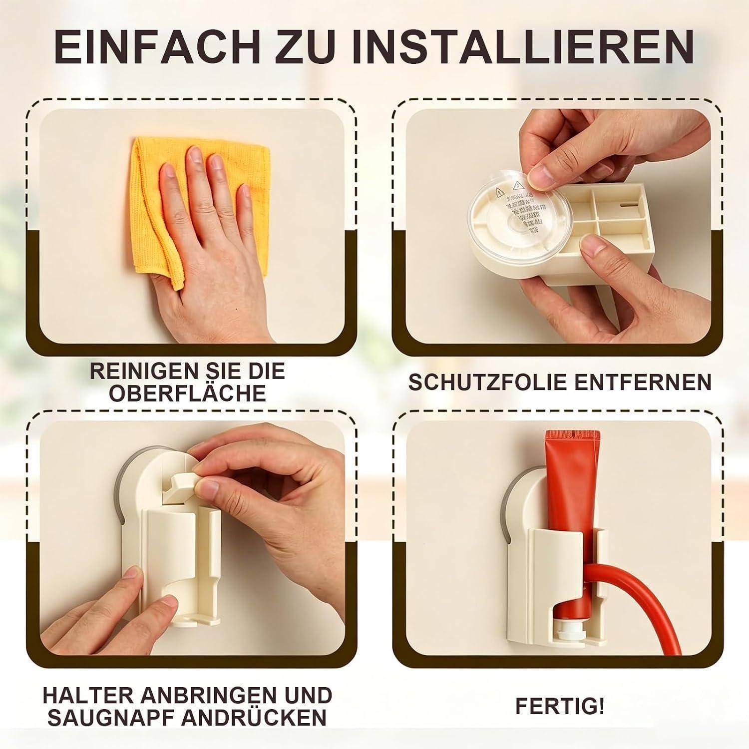 Installationsschritte für eine wandmontierte Halterung: Oberfläche reinigen, Schutzfolie entfernen, Saugnapf anbringen und drücken, dann das Rohr einführen; mit dem Label „EINFACH ZU INSTALLIEREN