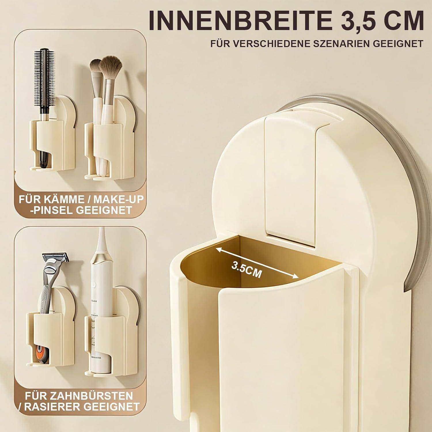 Wandmontierter cremefarbener Badorganizer mit 3,5 cm innerer Breite, gezeigt mit Kämmen, Make-up-Pinseln, Zahnbürsten und einem Rasierer.