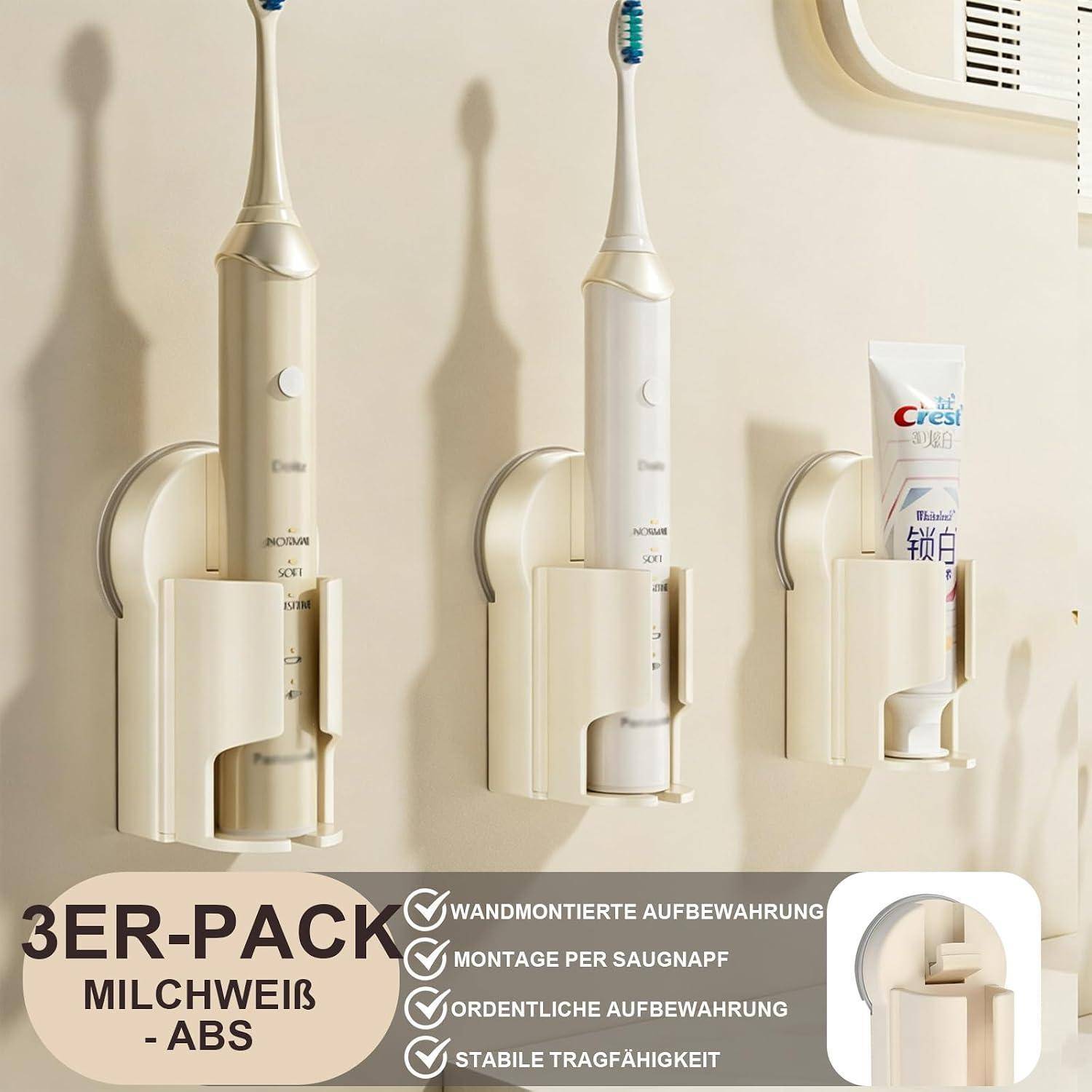 Produktbild eines 3er-Set wandmontierter ABS-Zahnbürstenhalter in Beige, das zwei elektrische Zahnbürsten und eine Zahnpastatube zeigt, mit deutscher Beschriftung der Funktionen und Saugnapf-Befestigungsdesign.