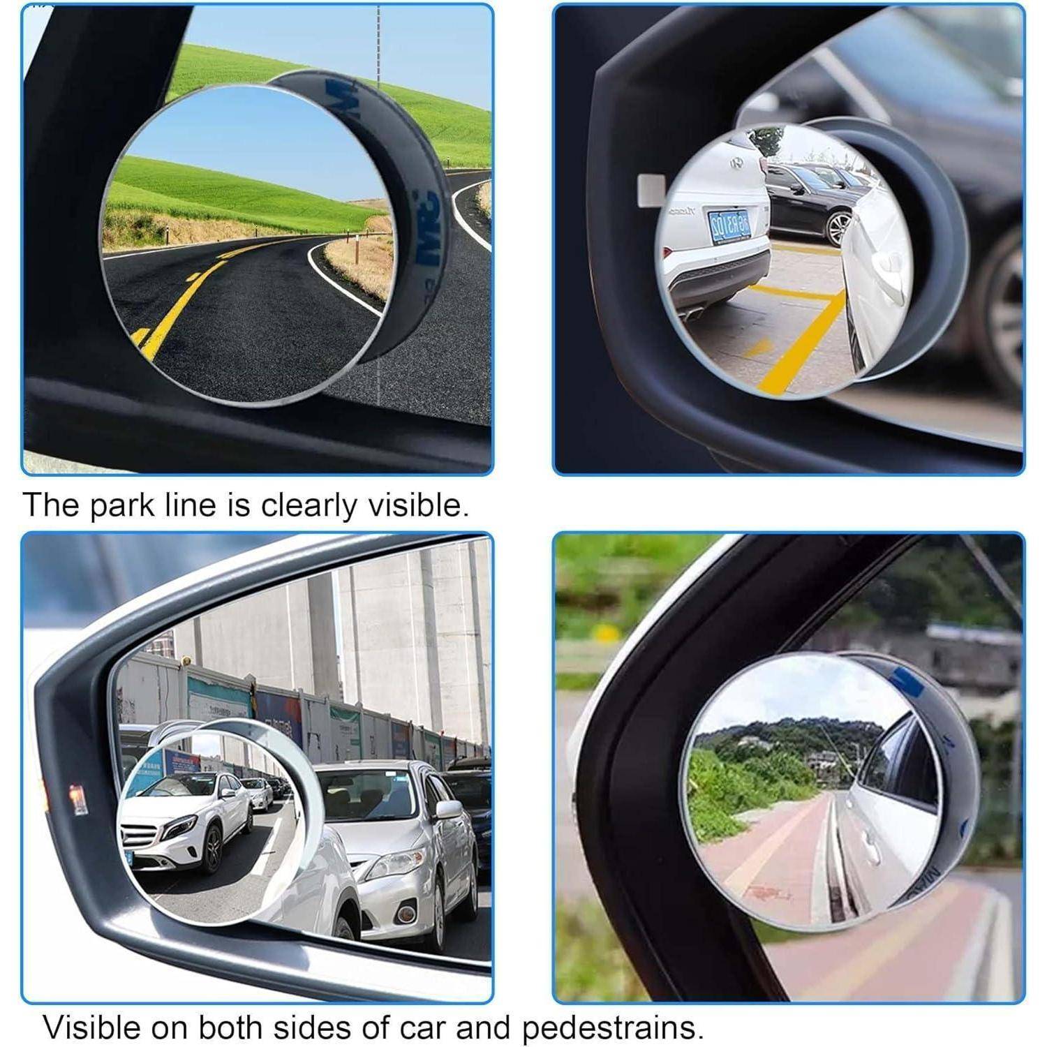 Vierpanel-Bild, das eine Fahrzeug-Totwinkel-Spiegelhalterung zeigt, die die Hinter- und Seitensicht vergrößert, mit Beschriftungen 