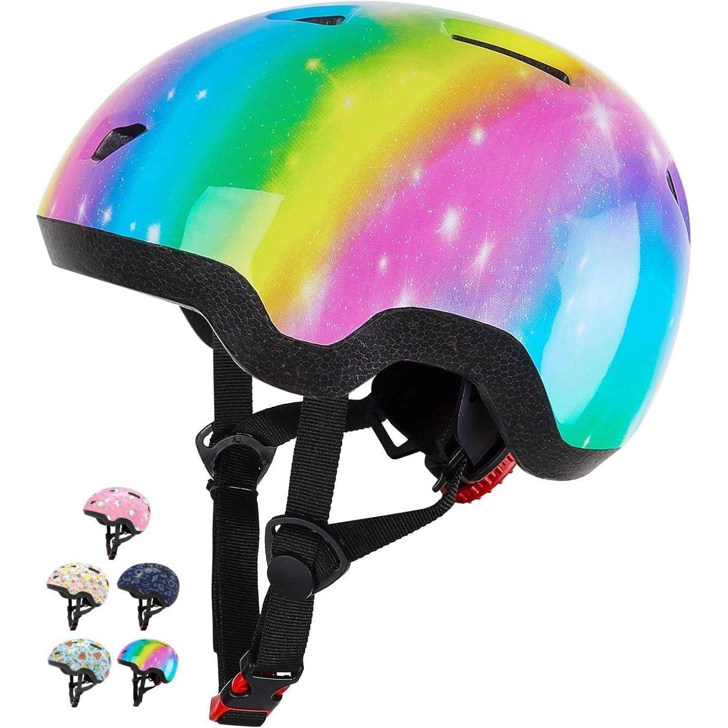 Regenbogen-schillernder Fahrradhelm mit schwarzen Riemen und roter Schnalle, dargestellt mit fünf kleineren Farbvariationen in der Ecke.