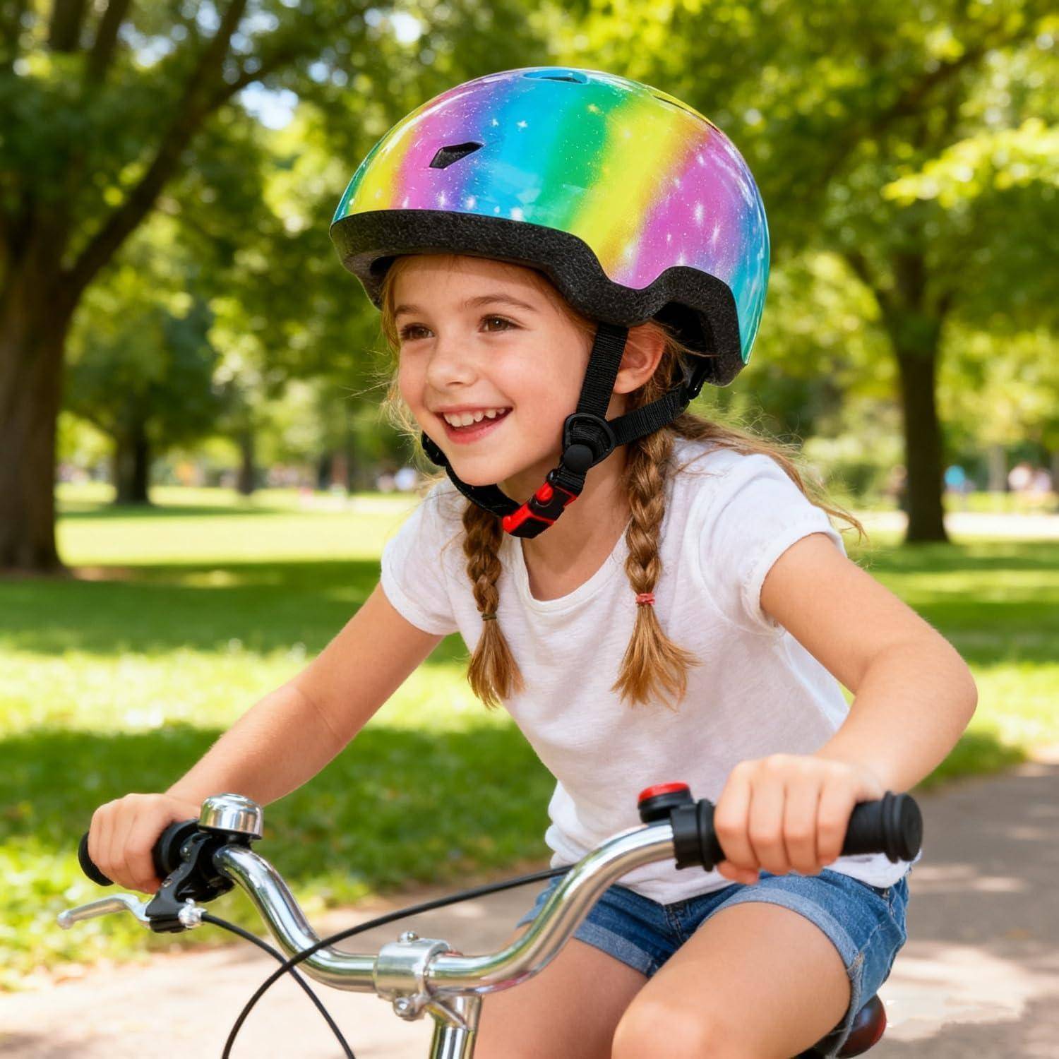 Ein lächelndes Kind fährt an einem sonnigen Tag mit einem Fahrrad in einem Park, trägt einen Regenbogenschutzhelm und ein weißes T-Shirt.