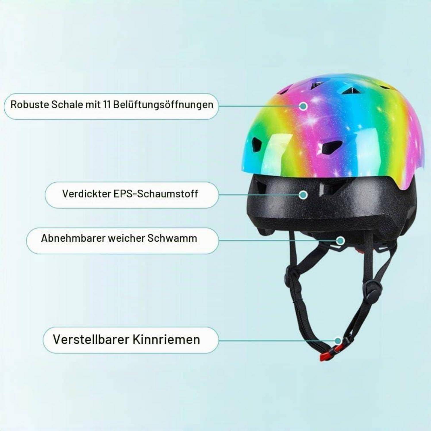 Regenbogen-Fahrradhelm mit 11 Belüftungsöffnungen, EPS-Schaum, abnehmbarer weicher Schwamm und verstellbarem Kinnriemen.