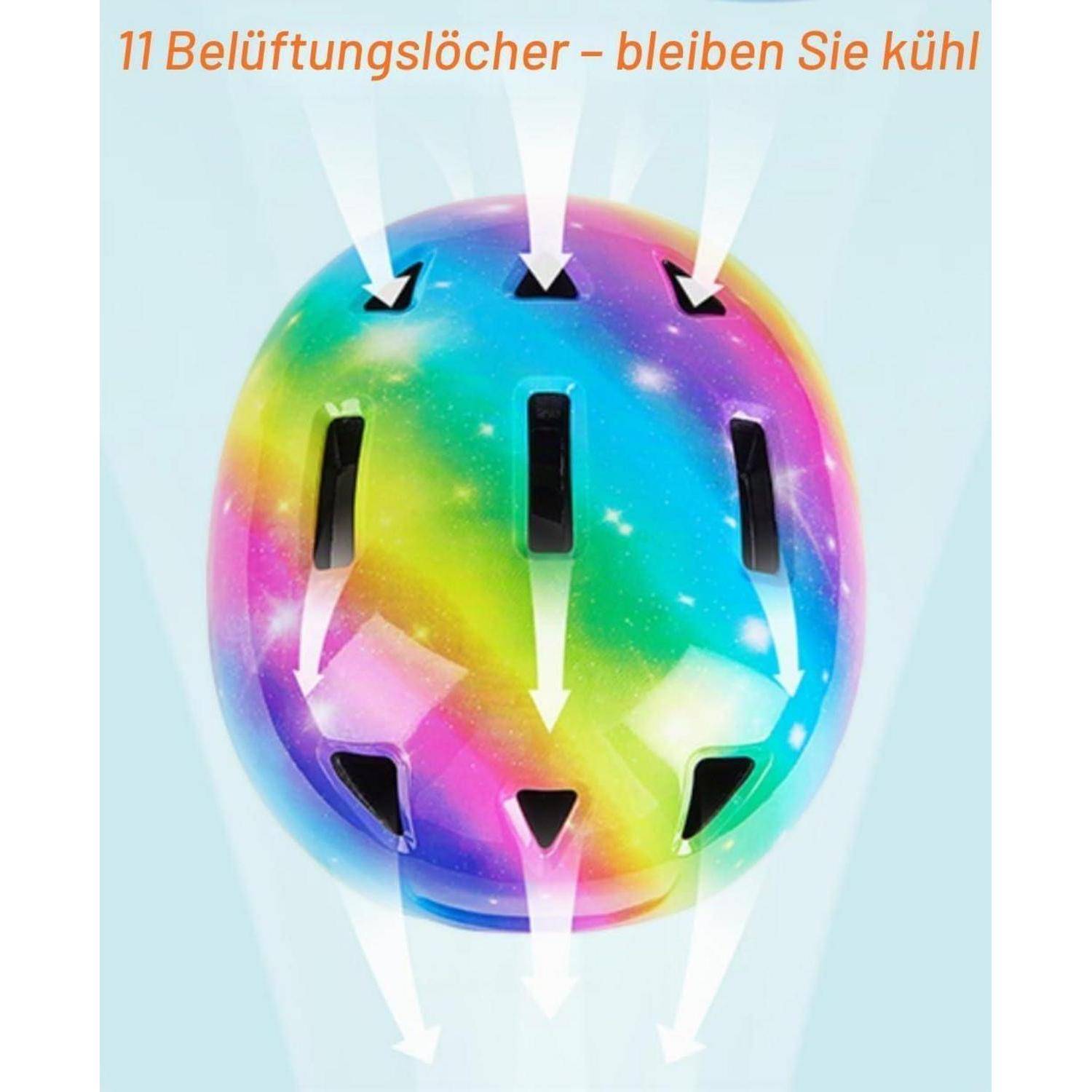 Abbildung eines Regenbogen-Helms mit 11 Belüftungslöchern und weißen Pfeilen, die den Luftstrom zeigen; Text besagt „11 Belüftungslöcher – bleiben Sie kühl