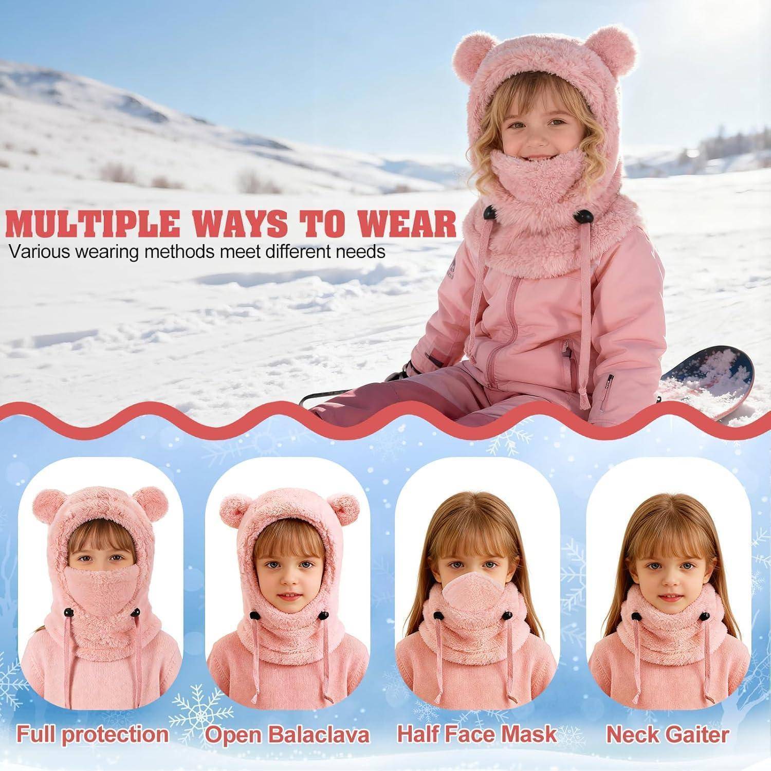 Winterprodukt-Anzeige mit einem Kind in einer rosa Mütze und einem Schal, mit vier beschrifteten Tragearten: Vollständiger Schutz, Offene Sturmhaube, Halbgesichtsmaske und Hals-Gaiter.