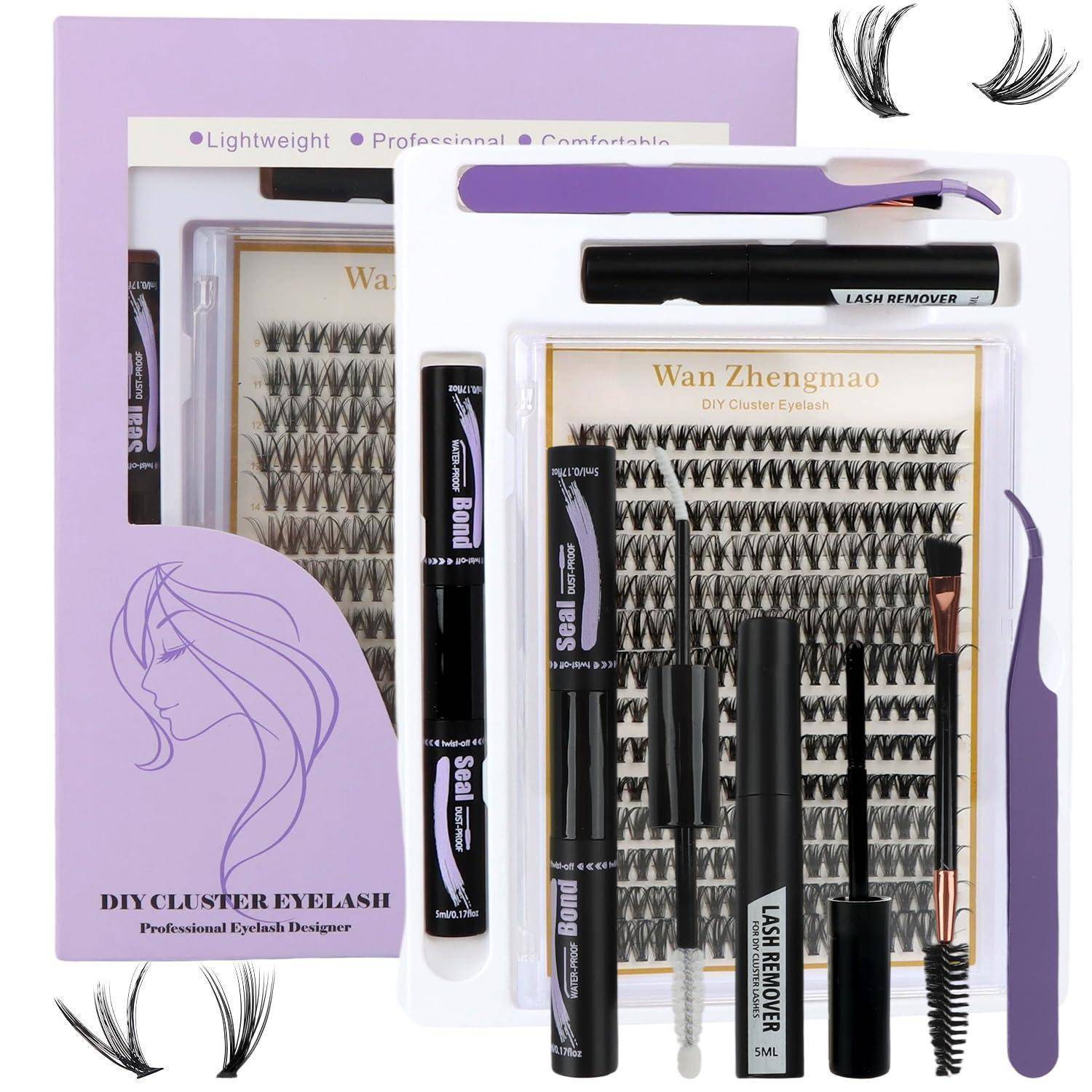 Ein Set von DIY-Cluster-Wimpernverlängerungs-Kits mit Wimperncluster, Entfernungswerkzeugen, Applikatoren und mascaraähnlichen Tuben in lila und weißer Verpackung.