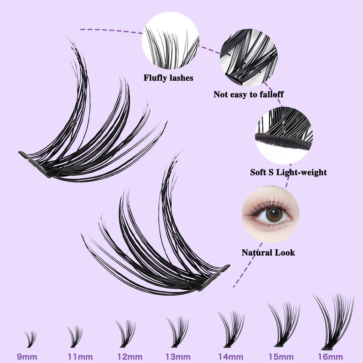 Werbe-Grafik für künstliche Wimpern in 9mm bis 16mm Längen mit Beschriftungen für „Flauschige Wimpern