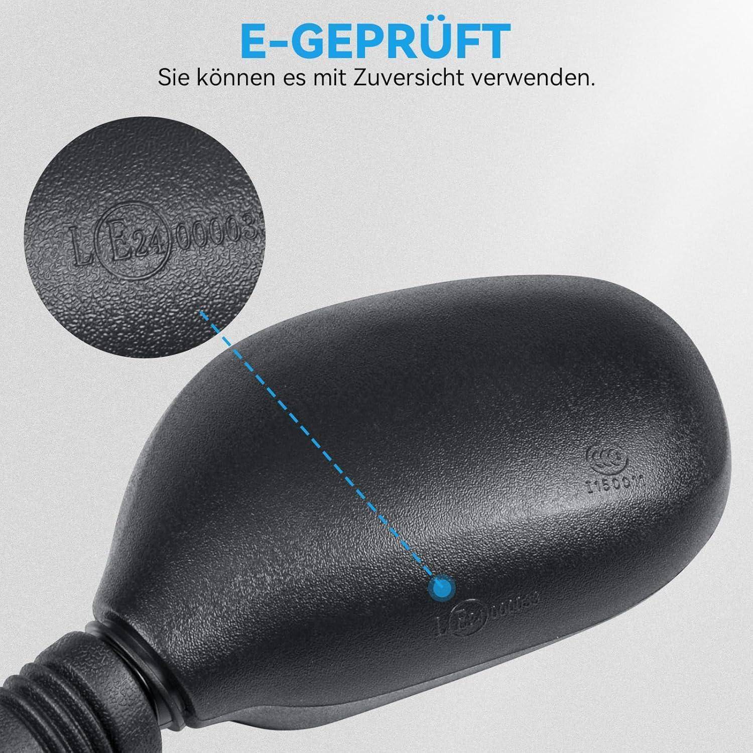 Deutsches Sicherheitsgraphik mit einer schwarzen Glühbirnenfassung mit der Beschriftung „E-GEPRÜFT