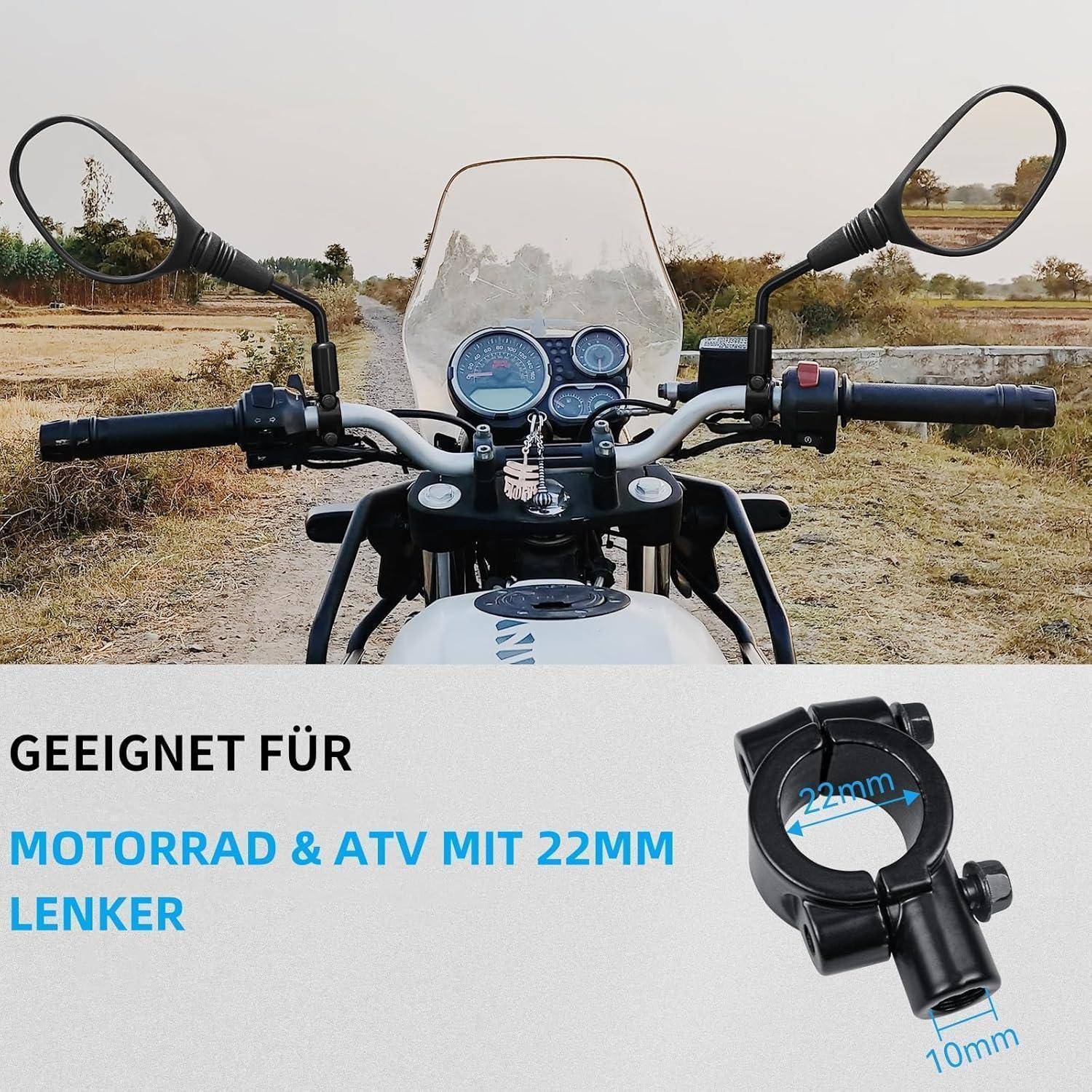 Motorrad-Cockpit mit Spiegeln und Lenkstangen; Text besagt „GEEIGNET FÜR MOTORRAD & ATV MIT 22MM LENKER