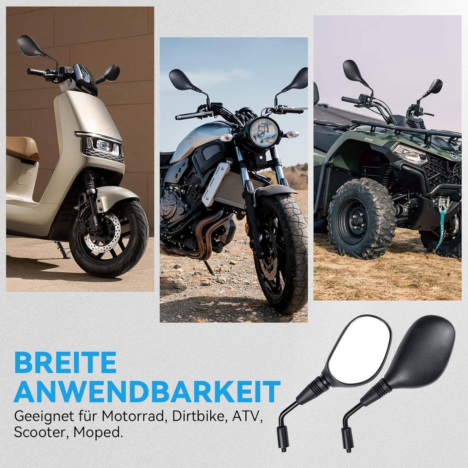 Drei Fahrzeugspiegelstile auf Roller, Motorrad und ATV dargestellt, mit deutschem Text „Breite Anwendbarkeit
