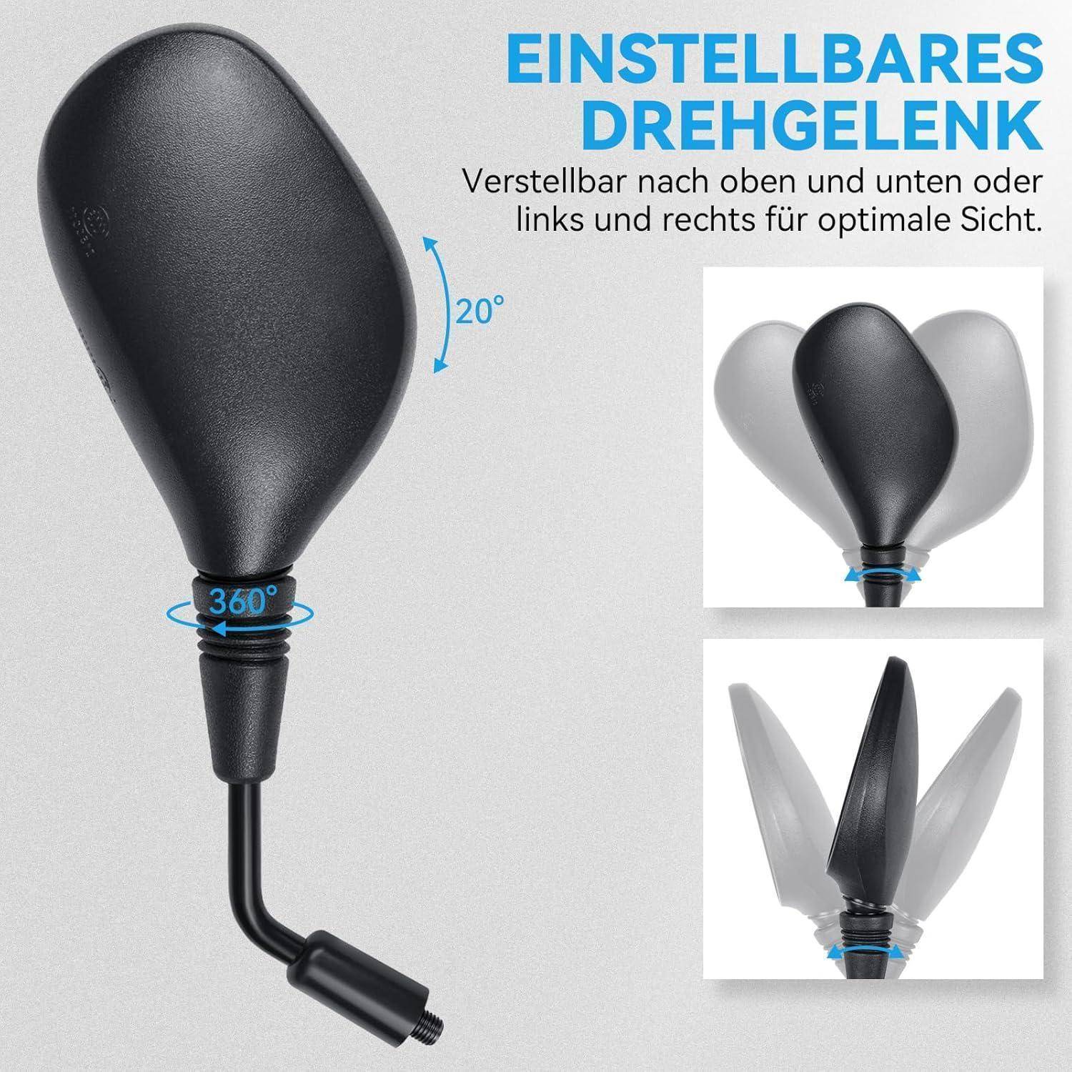Verstellbarer schwarzer ovaler Spiegel mit 360°-Rotation und 20°-Neigung; deutscher Text sagt, dass er nach oben/unten und links/rechts bewegbar ist für optimale Sicht.