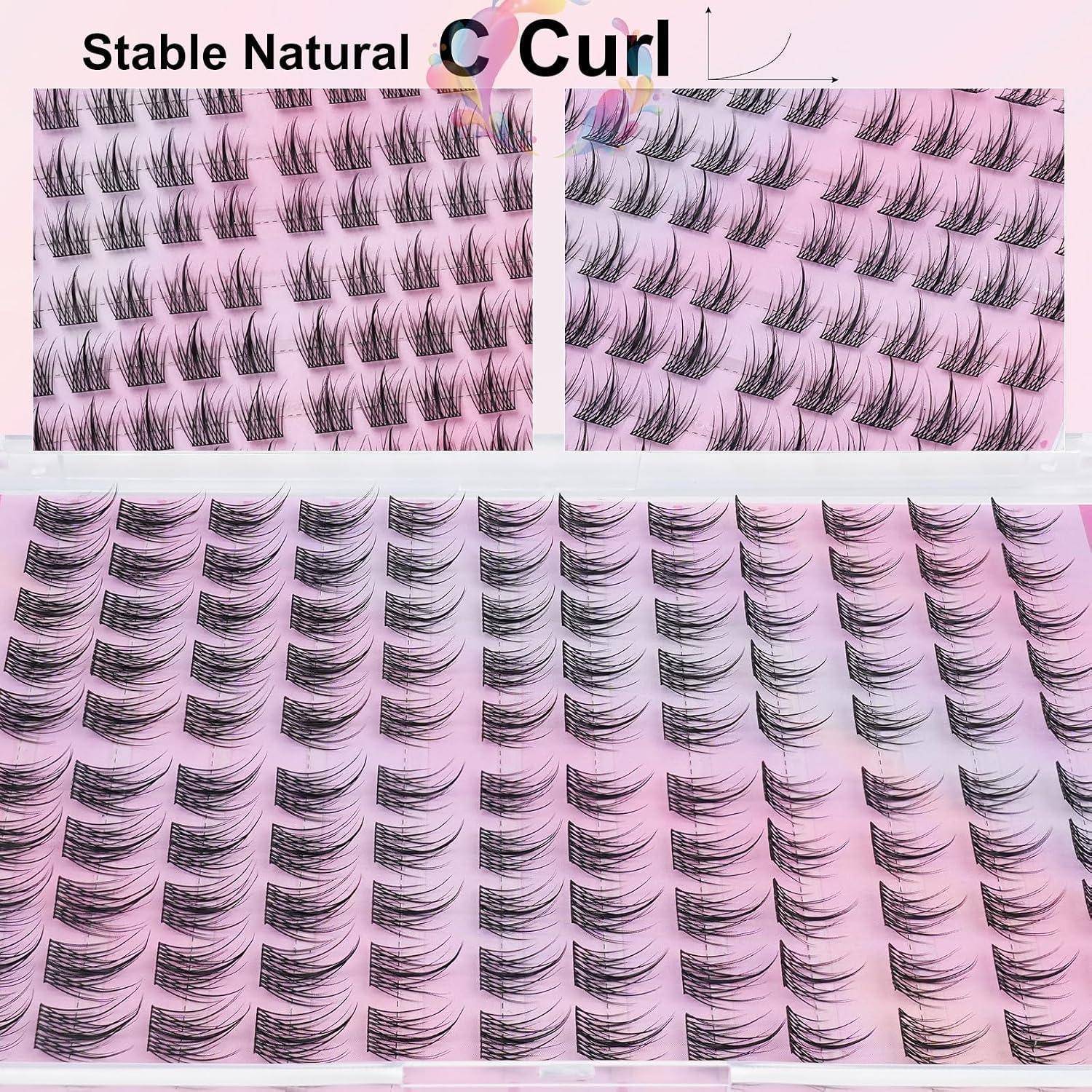 Collage von falschen Wimpernverlängerungen mit der Bezeichnung „Stabile natürliche C-Welle