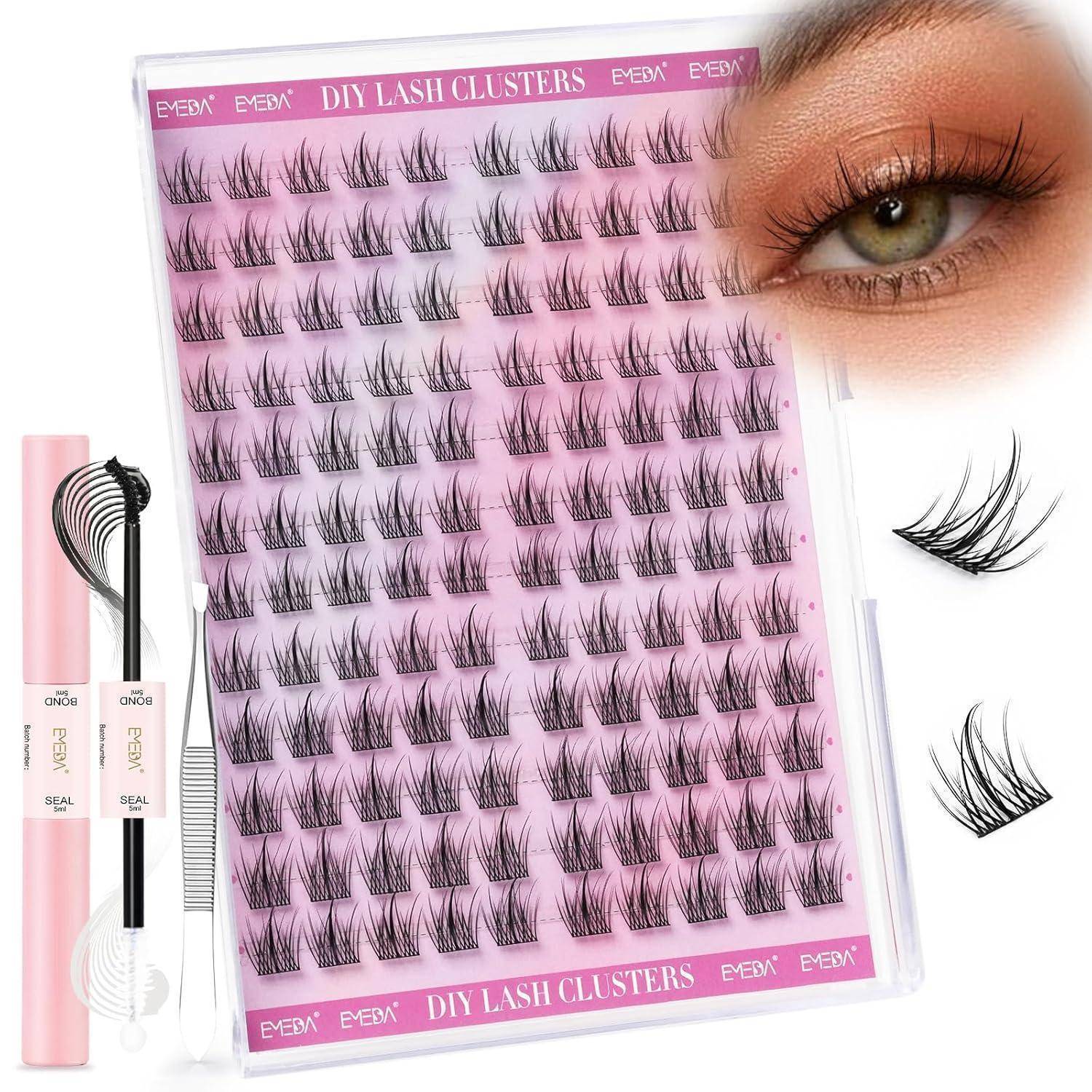DIY-Wimpernbüschel-Set mit pinkem Tablett mit Kunstwimpernfächern, Applikatoren, Kleber und eine Nahaufnahme eines Auges mit den angebrachten Wimpern