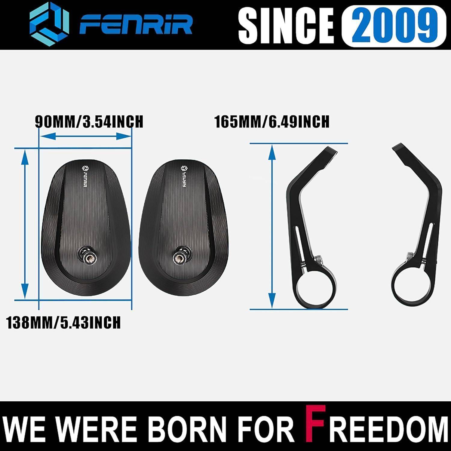 Produktabmessungen-Grafik für ein FENRIR-Motorrad-Zubehör, das zwei schwarze Teile mit Maßen zeigt: 90 mm breit, 138 mm hoch und 165 mm hoch.
