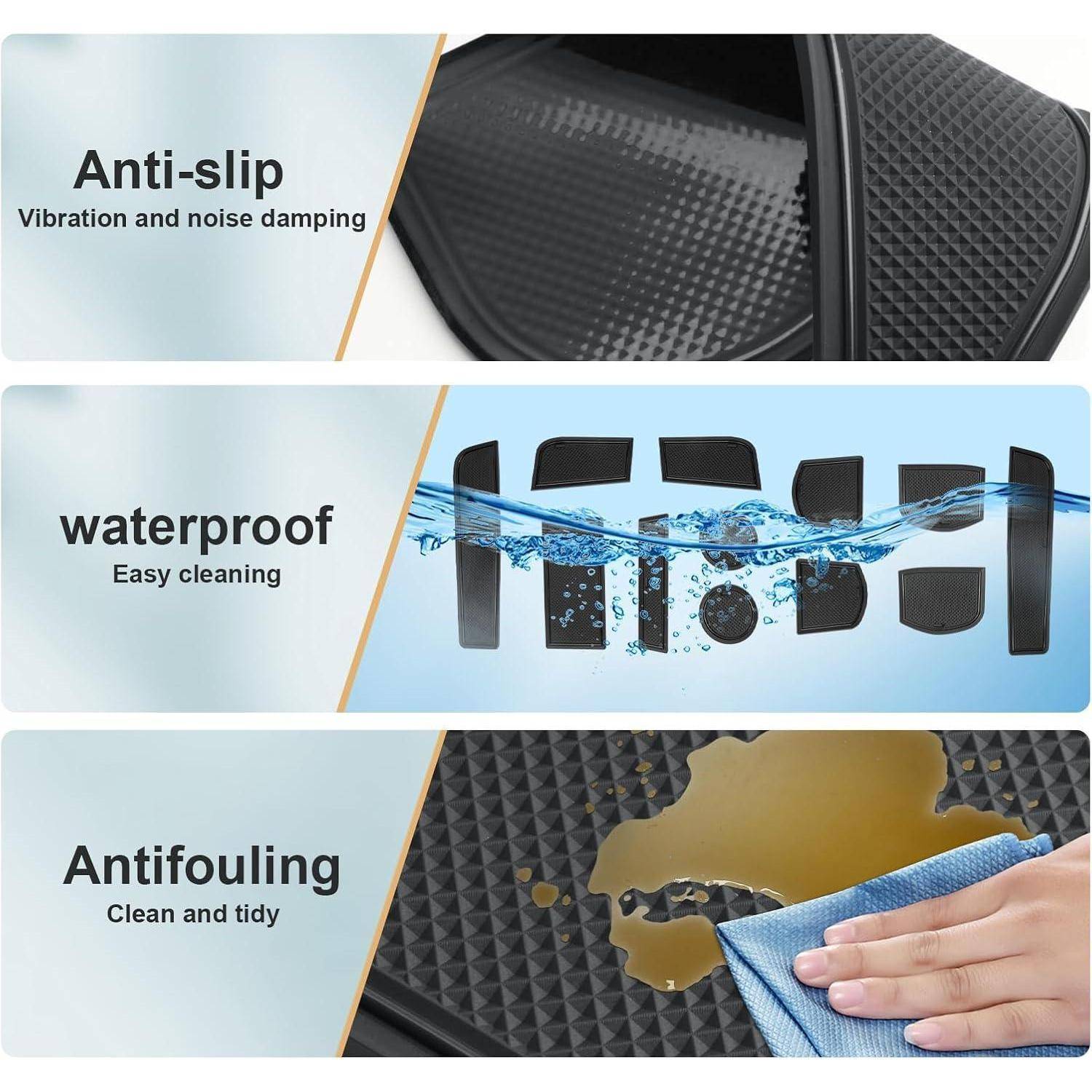 Dreiteiliges Produktgrafik mit rutschfester, wasserdichter und antifouling-Beschichtung: Strukturierte Matte reduziert Lärm und Vibrationen, Wasser perlt ab, und ein Tuch wischt Flecken sauber weg.