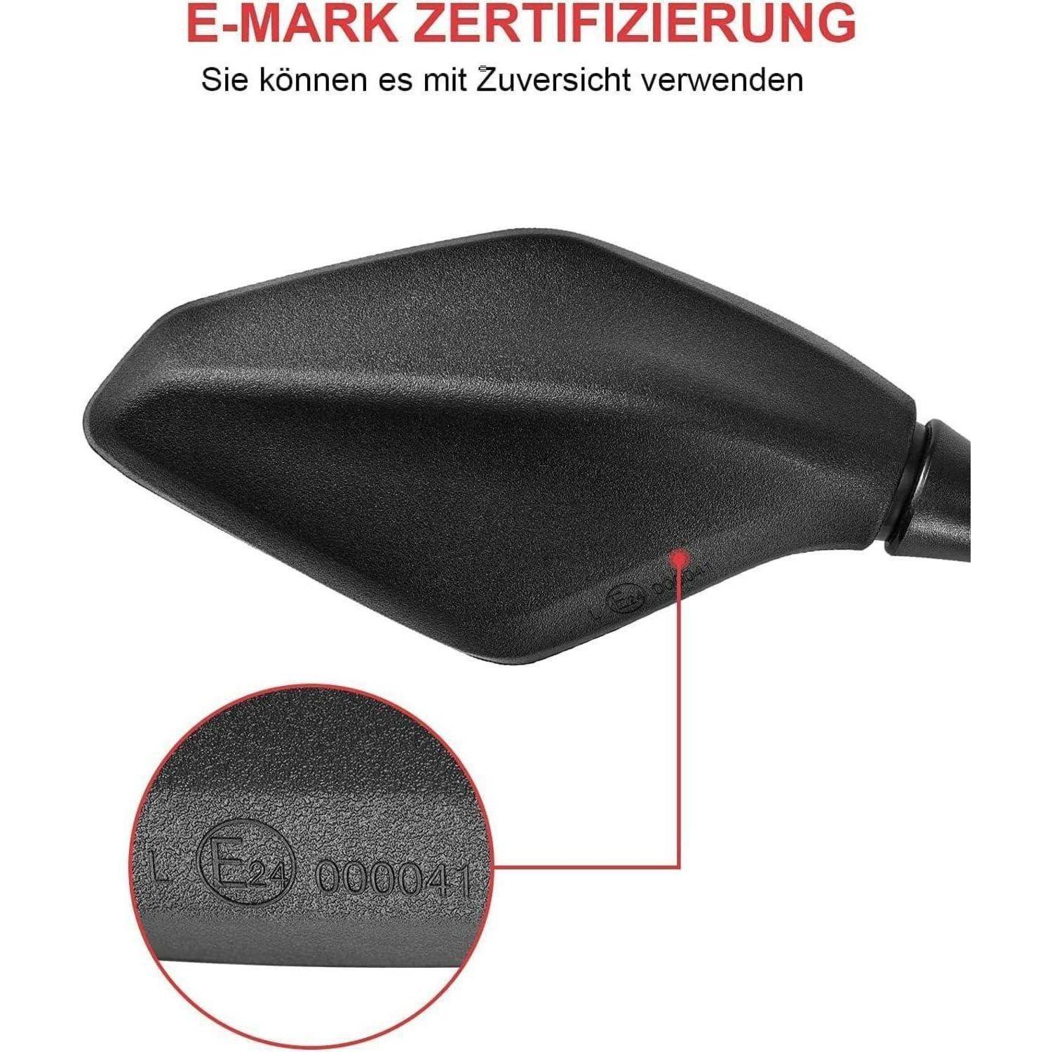Schwarzer Motorrad-Spiegel mit E-Plakette-Zertifizierung, mit einer Nahaufnahme des Genehmigungsstempels und der Nummer „00004