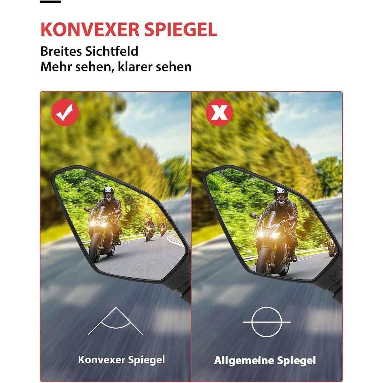 Vergleich der Motorradspiegelansichten: 'KONVEXER SPIEGEL' zeigt ein breiteres Sichtfeld und eine bessere Hintergrundisichtbarkeit als 'Allgemeine Spiegel'.